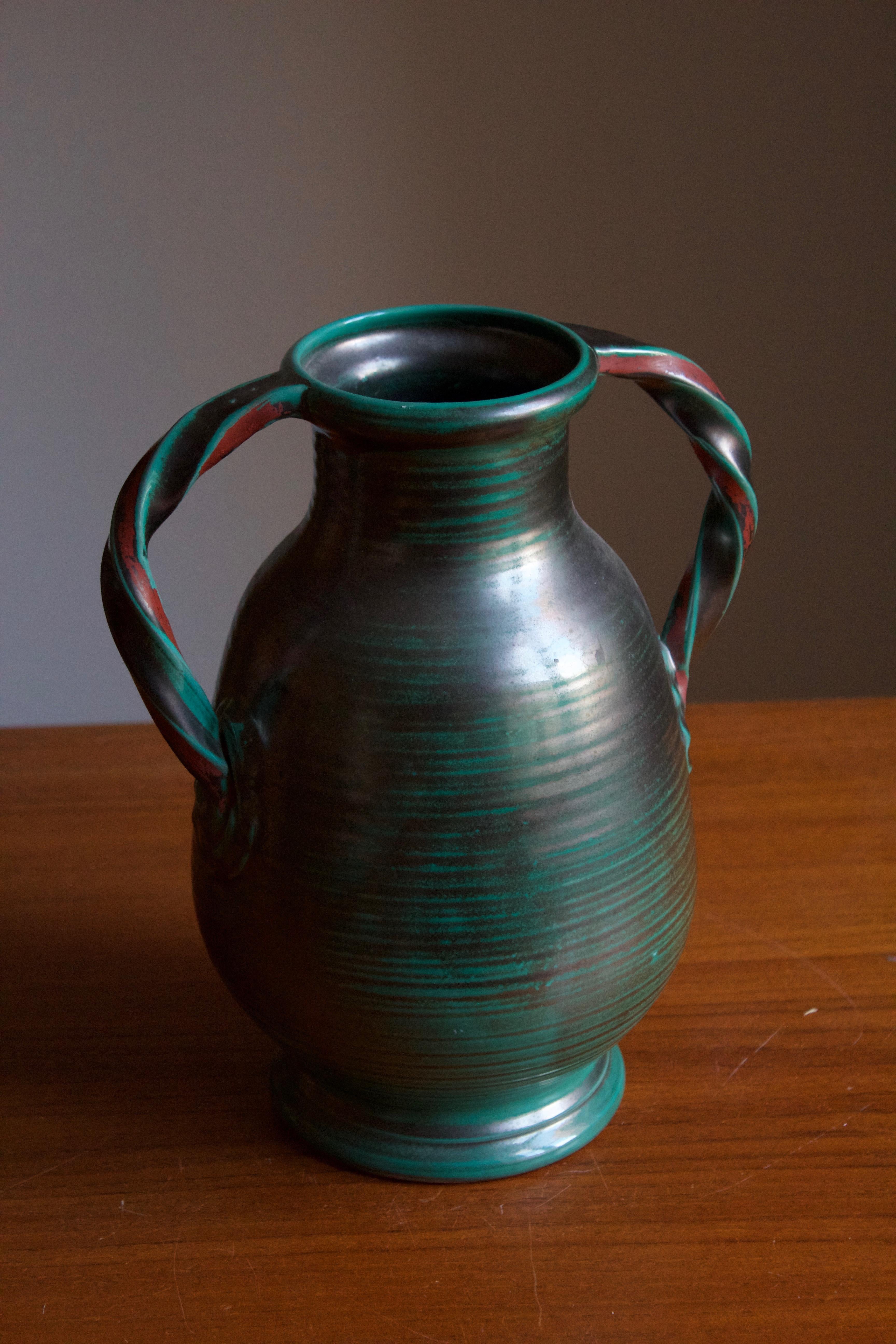 Art Deco Upsala-Ekeby, Vase, Green Glazed Earthenware, Sweden, 1930s