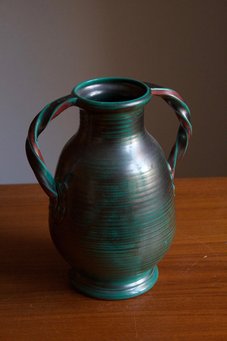 Art Deco Upsala-Ekeby, Vase, Green Glazed Earthenware, Sweden, 1930s For Sale