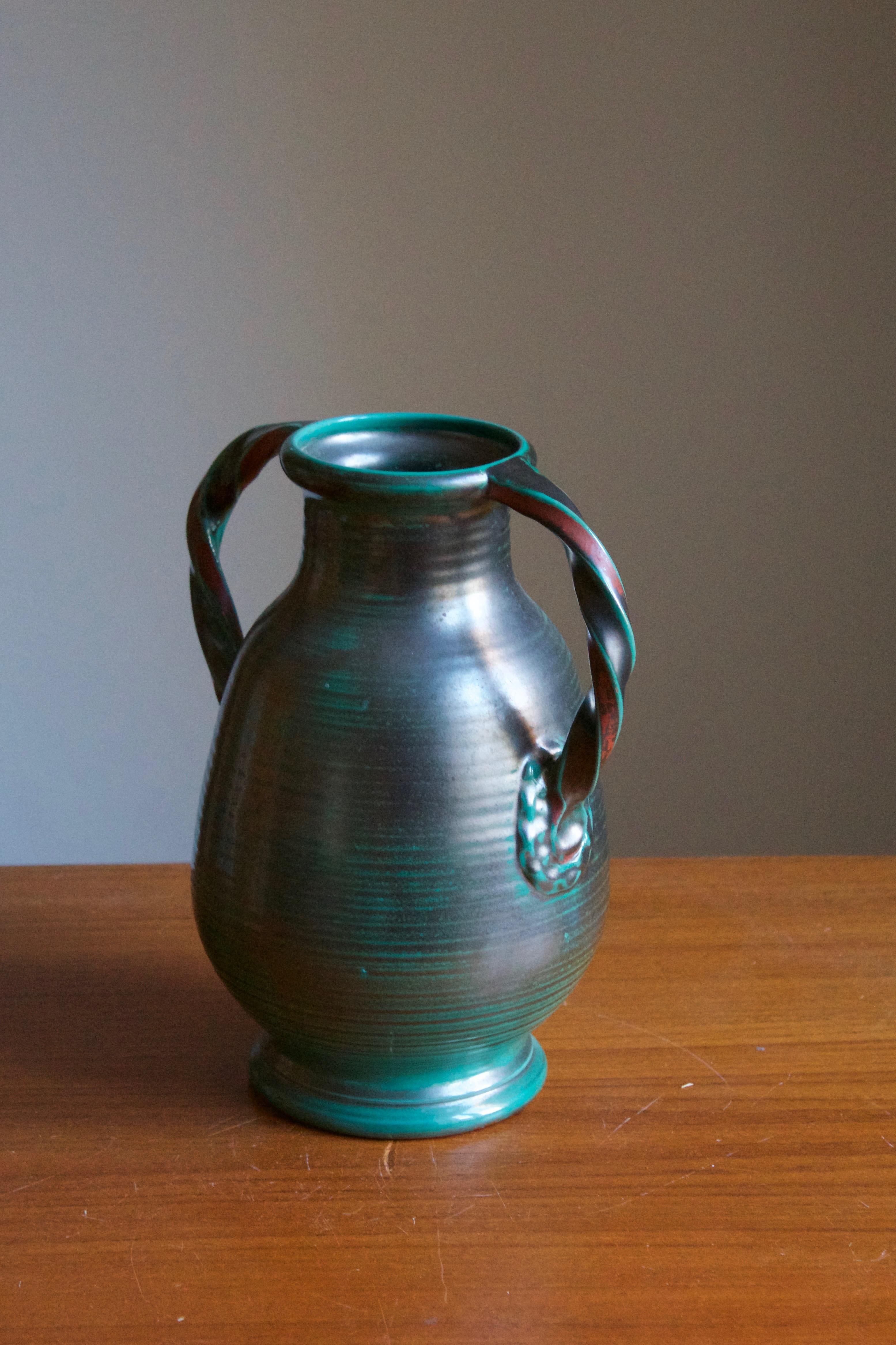 Swedish Upsala-Ekeby, Vase, Green Glazed Earthenware, Sweden, 1930s
