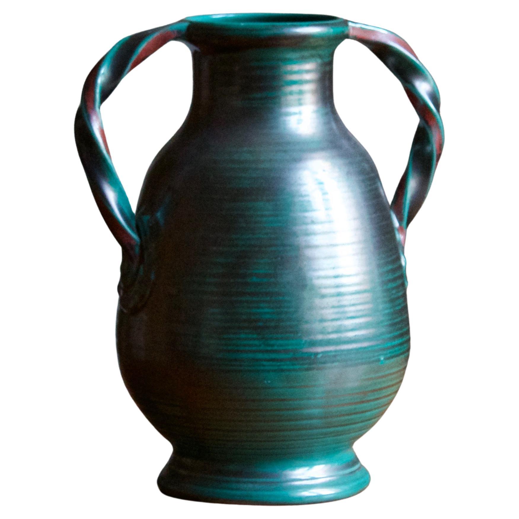 Upsala-Ekeby, Vase, Green Glazed Earthenware, Sweden, 1930s