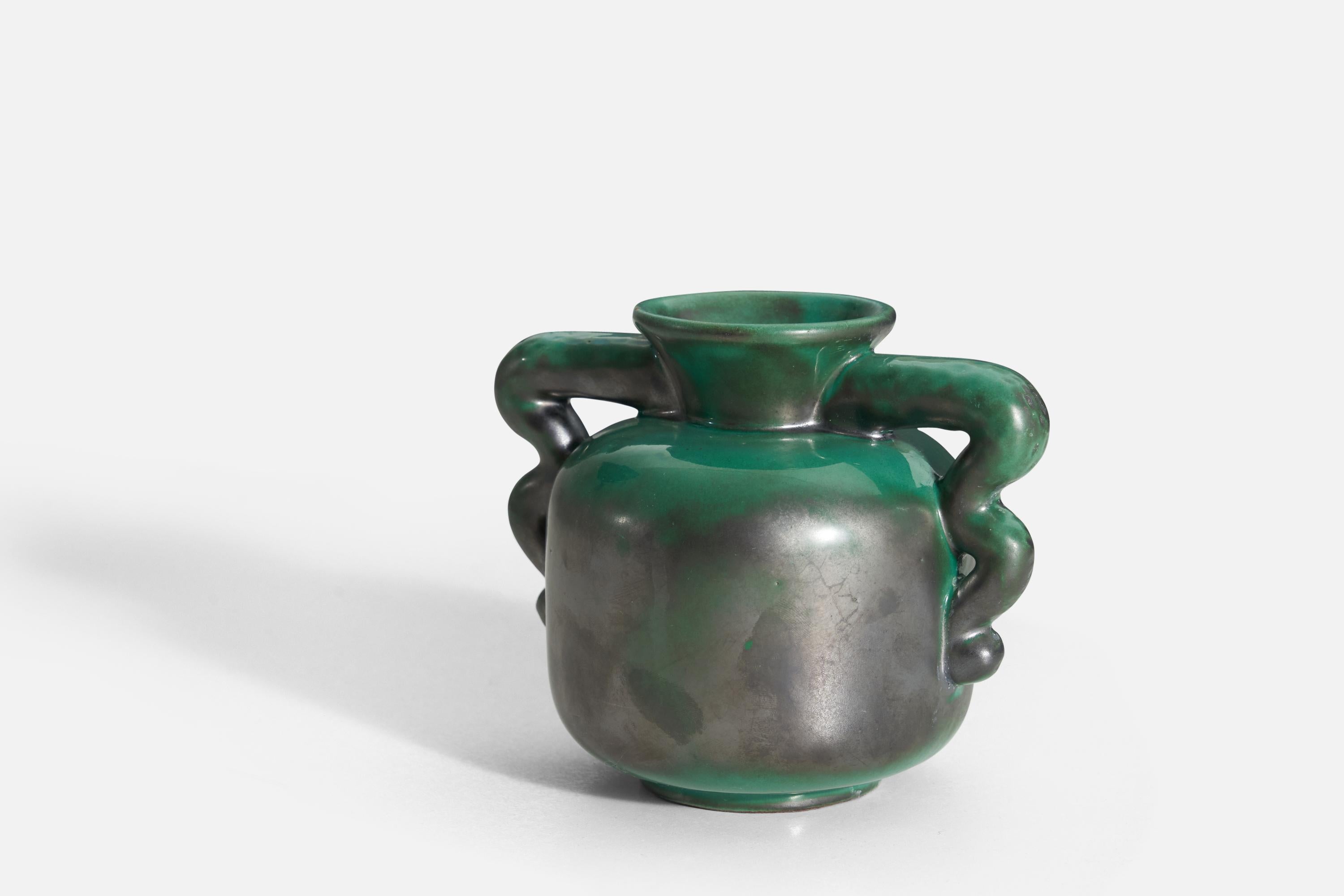 A green glazed earthenware vase produced by Upsala-Ekeby, Sweden, 1940s. 

