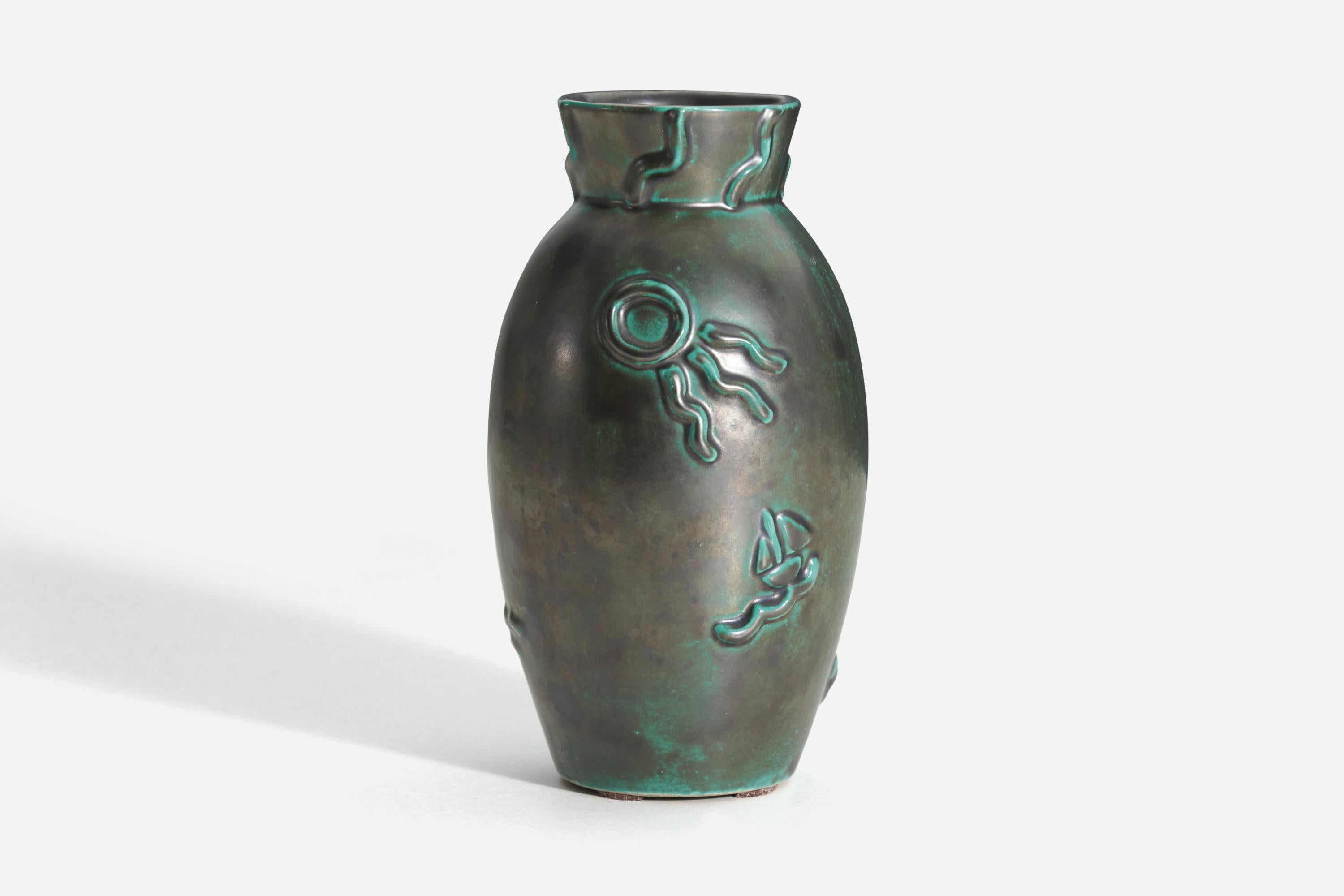 A green-glazed earthenware vase produced by Upsala-Ekeby, Sweden, 1940s. 

 