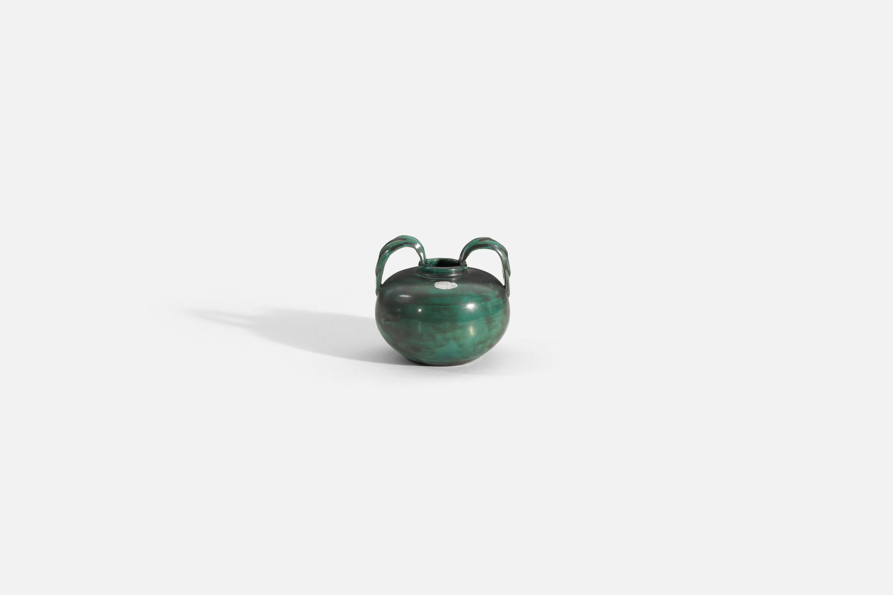 A green-glazed earthenware vase produced by Upsala-Ekeby, Sweden, 1940s.
 