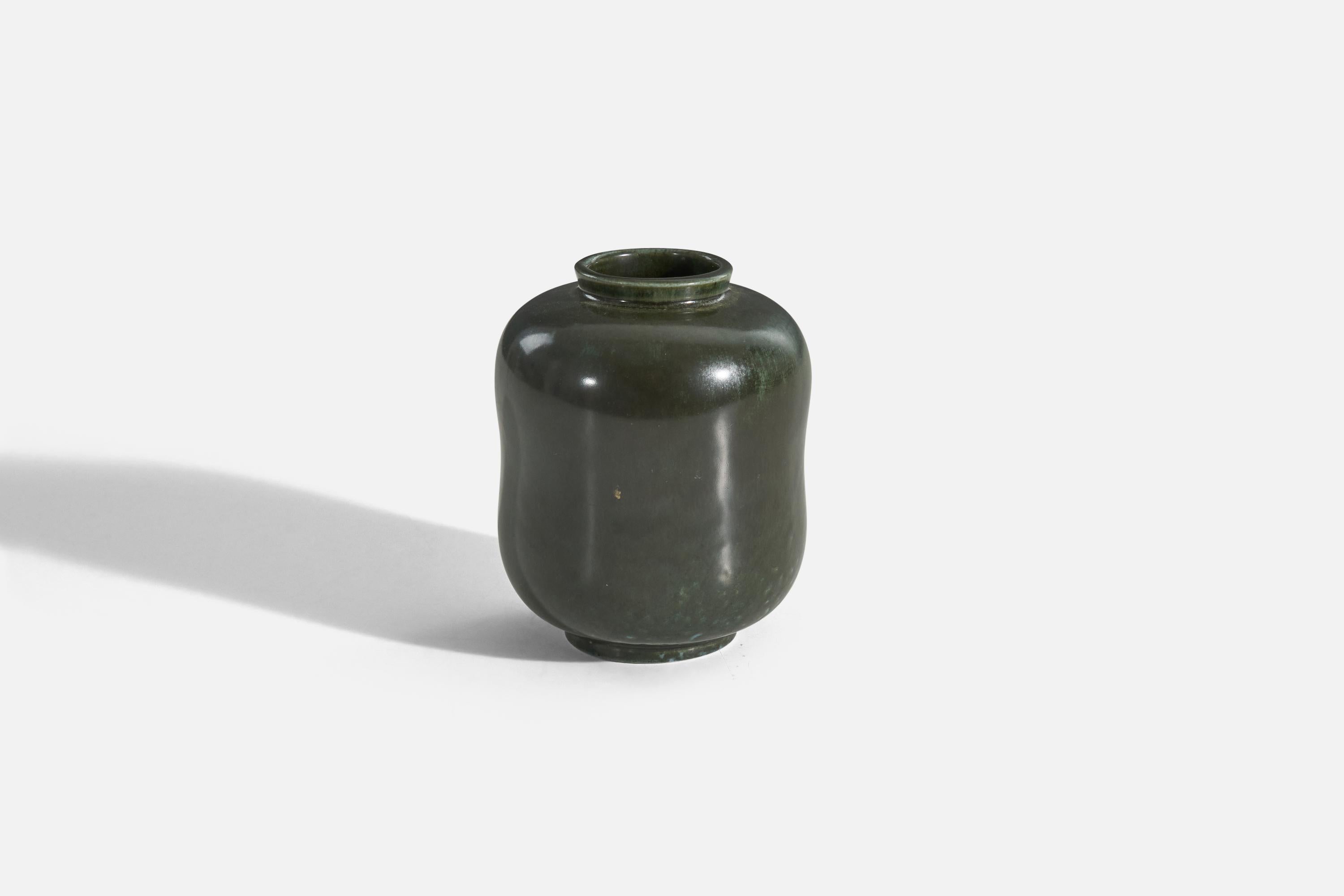 A green / black, glazed earthenware vase designed and produced by Upsala-Ekeby, Sweden, 1940s. 

