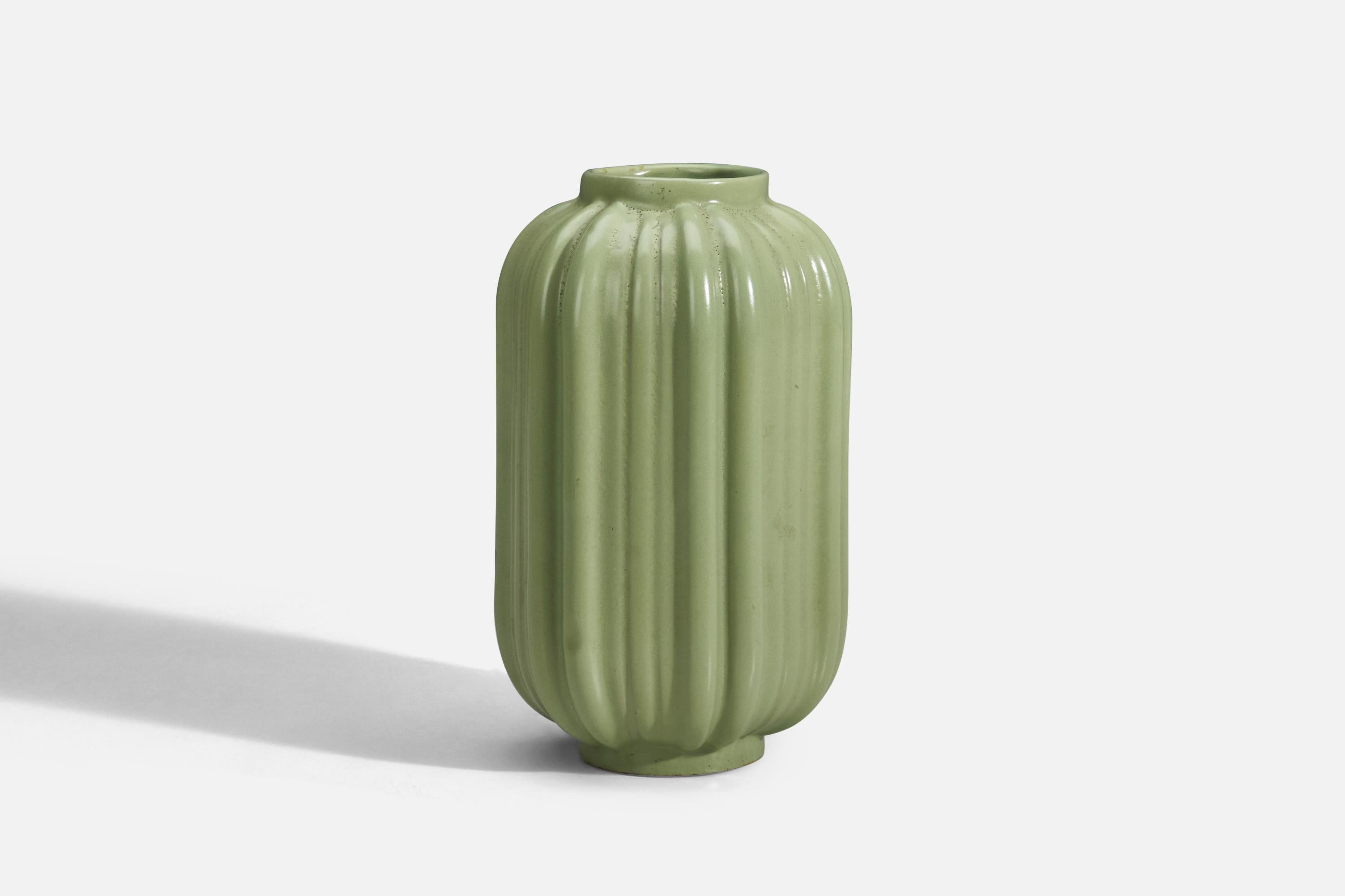 A green glazed earthenware vase designed and produced by Upsala-Ekeby, Sweden, 1940s.