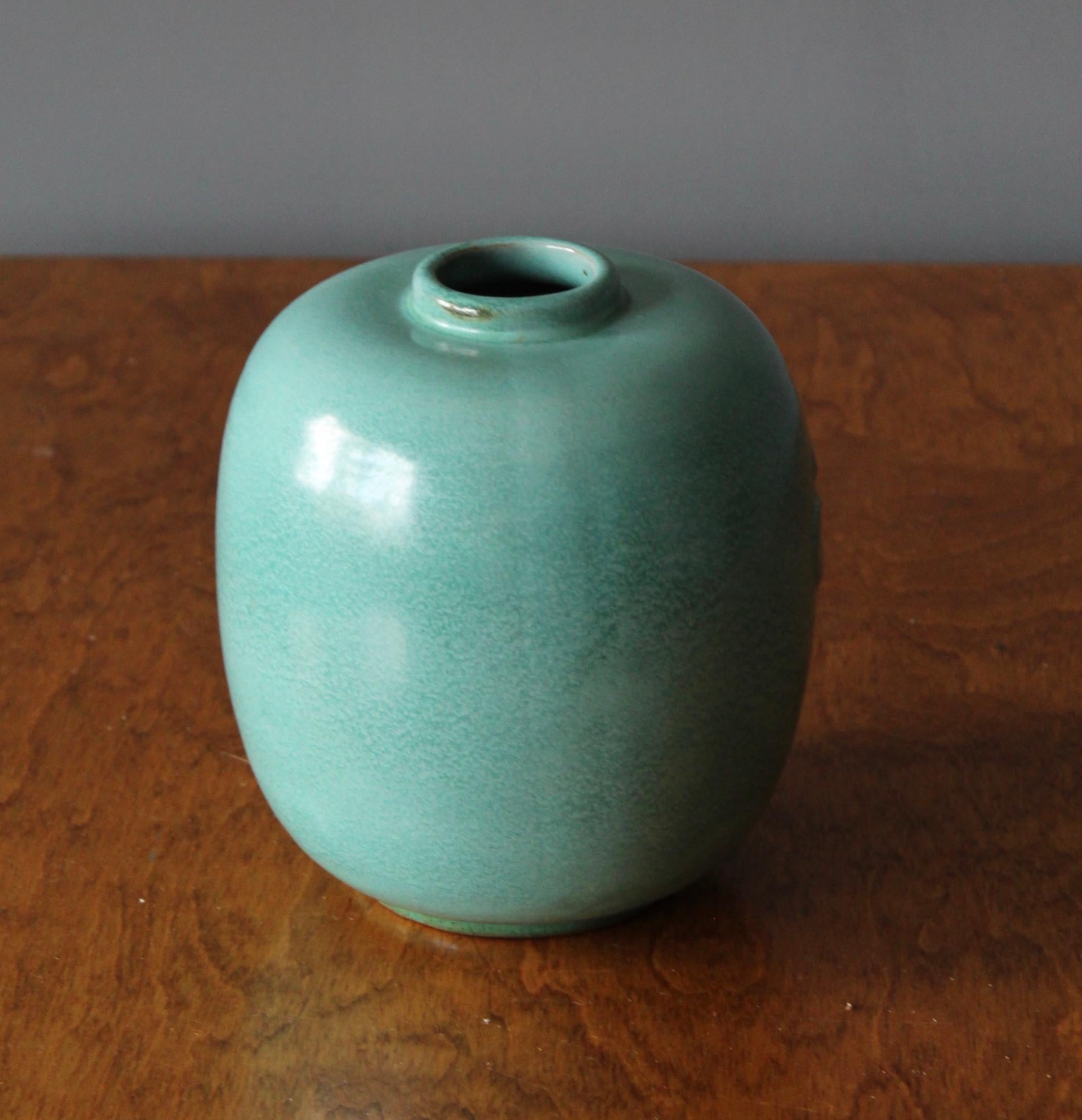 Art Deco Upsala-Ekeby, Vase, Green Glazed Earthenware, Sweden, 1940s