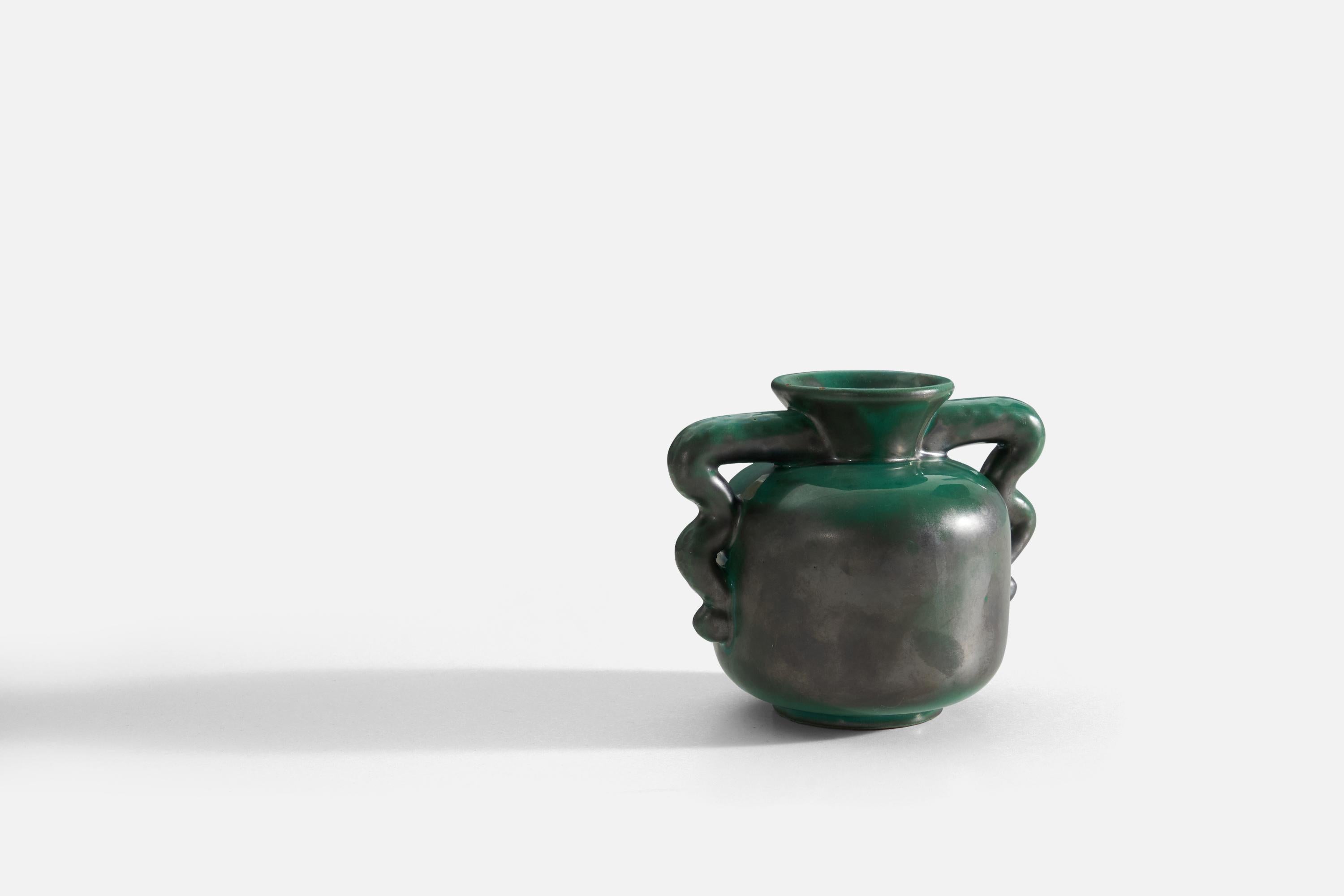 Art Deco Upsala-Ekeby, Vase, Green-Glazed Earthenware, Sweden, 1940s For Sale