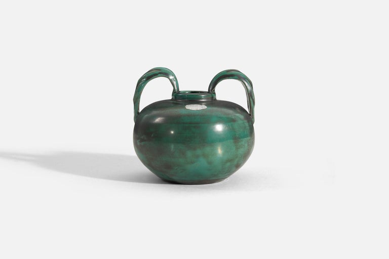 Art Deco Upsala-Ekeby, Vase, Green-Glazed Earthenware, Sweden, 1940s For Sale