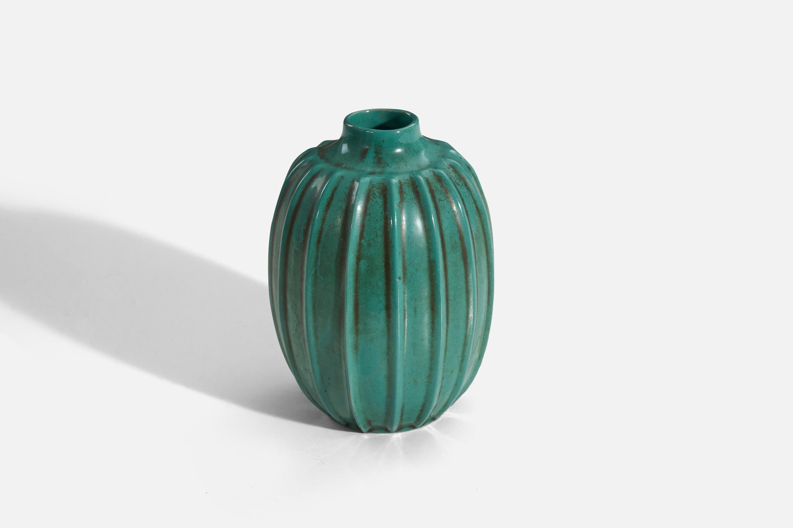 Scandinavian Modern Upsala-Ekeby, Vase, Green-Glazed Earthenware, Sweden, 1940s For Sale