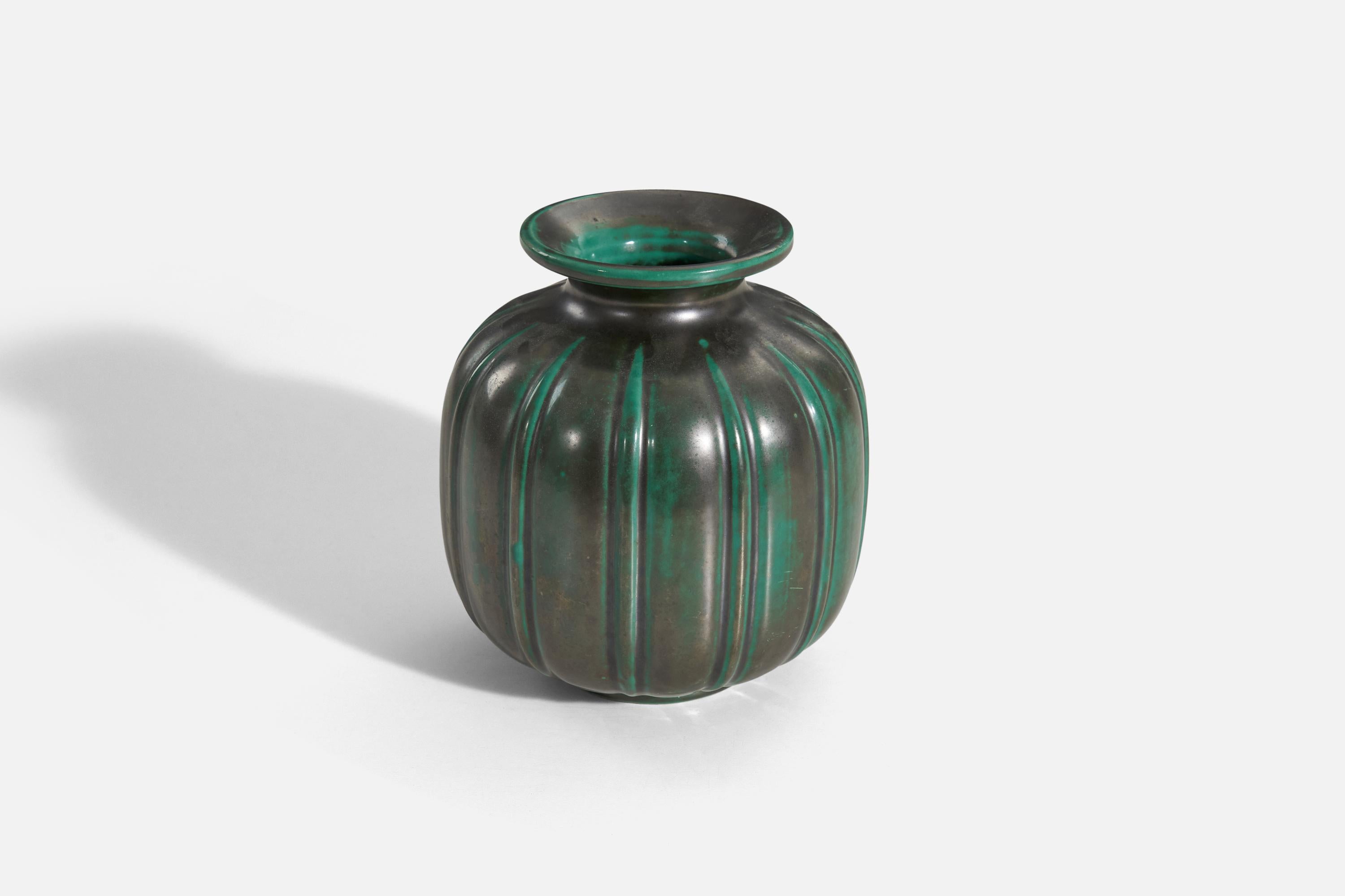 Scandinavian Modern Upsala-Ekeby, Vase, Green-Glazed Earthenware, Sweden, 1940s For Sale