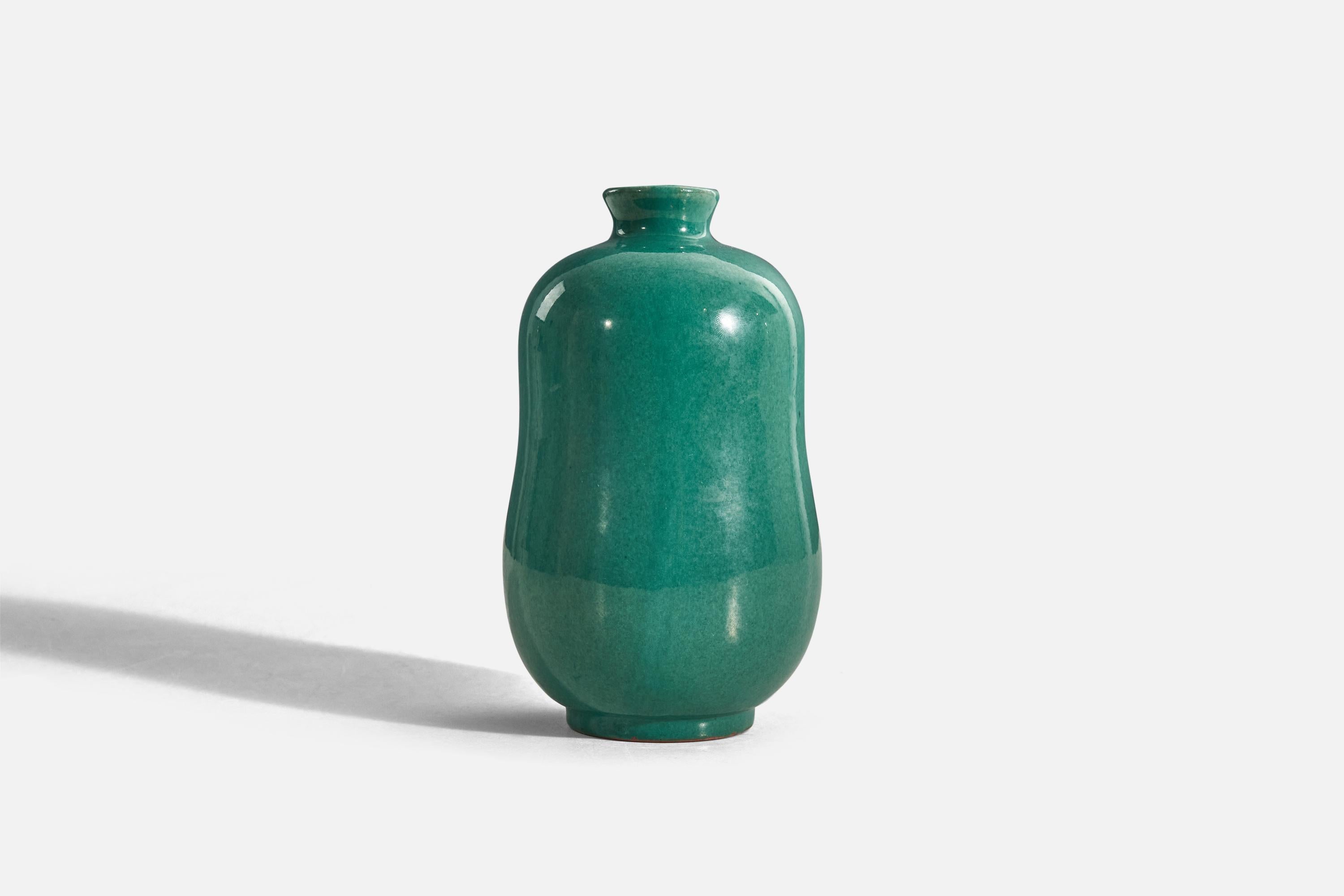 Scandinavian Modern Upsala-Ekeby, Vase, Green-Glazed Earthenware, Sweden, 1940s For Sale