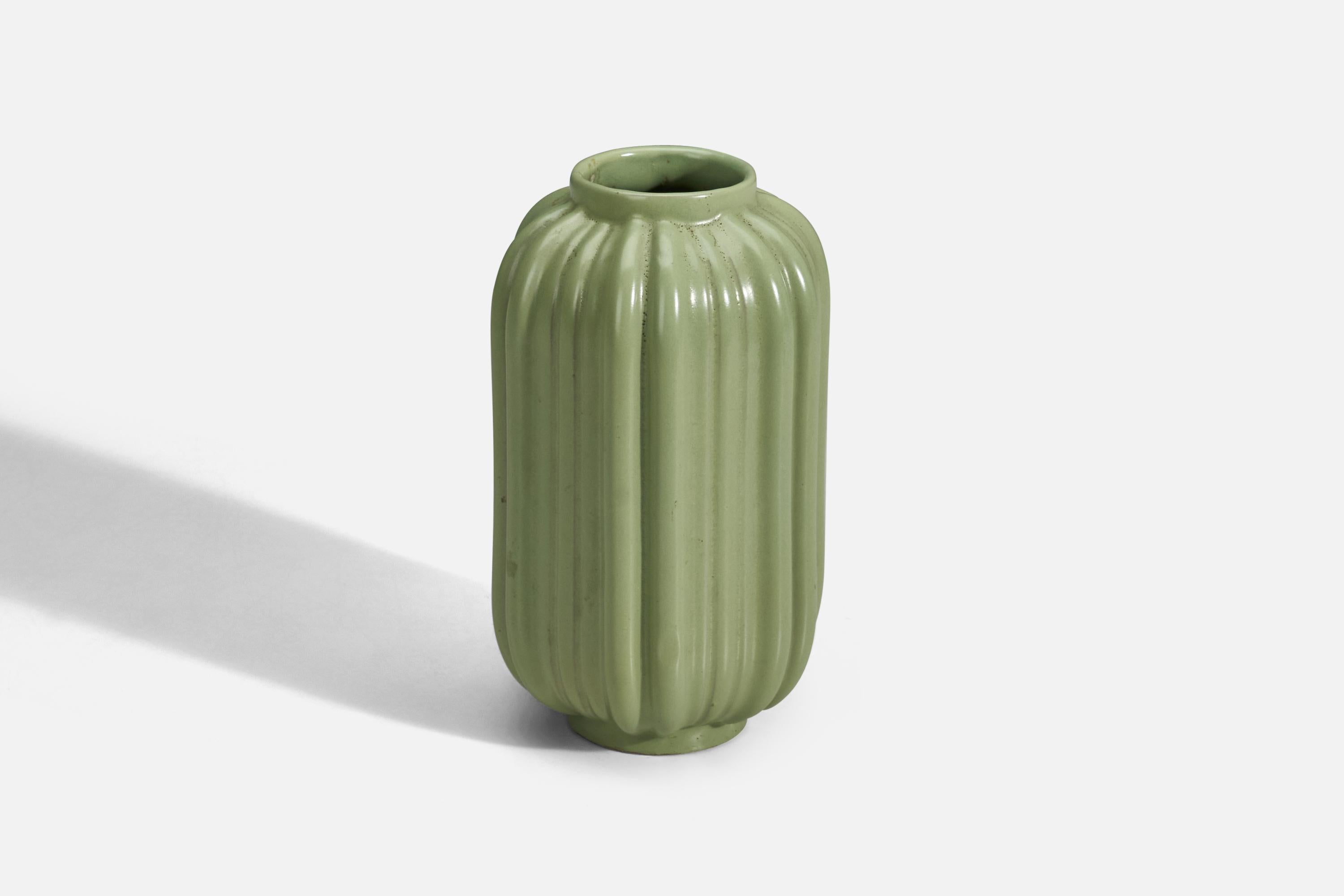 Scandinavian Modern Upsala-Ekeby, Vase, Green Glazed Earthenware, Sweden, 1940s For Sale