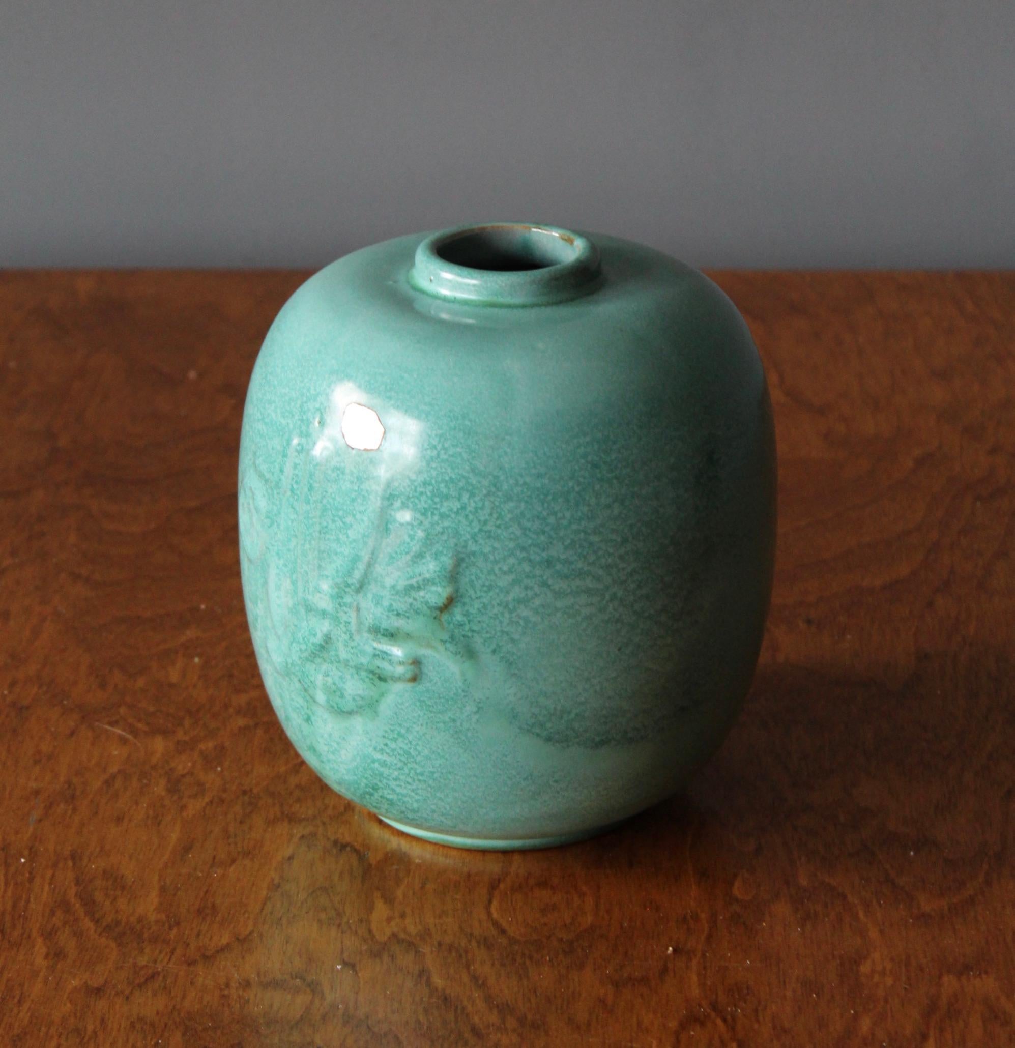 Swedish Upsala-Ekeby, Vase, Green Glazed Earthenware, Sweden, 1940s