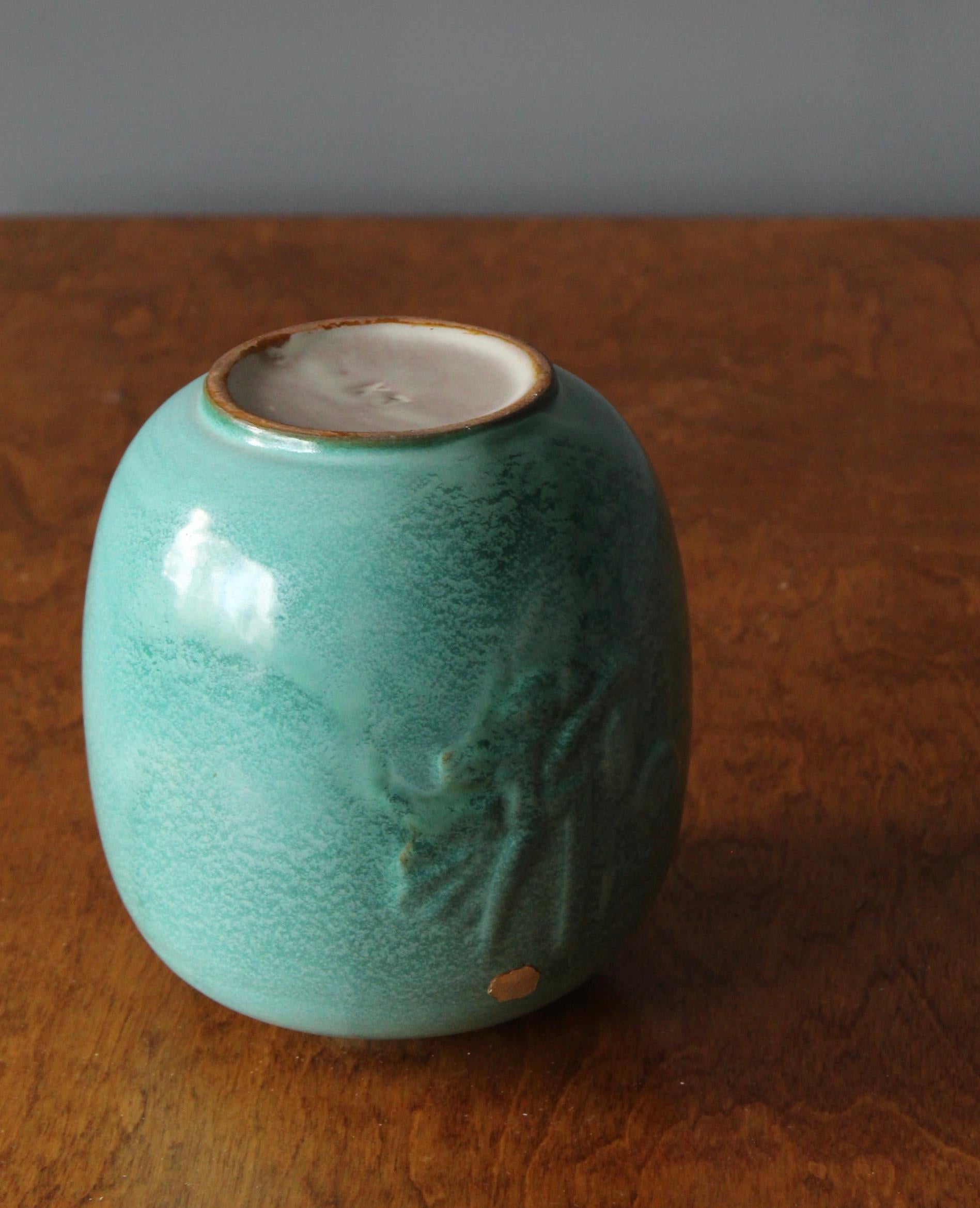 Upsala-Ekeby, Vase, Green Glazed Earthenware, Sweden, 1940s In Good Condition In High Point, NC