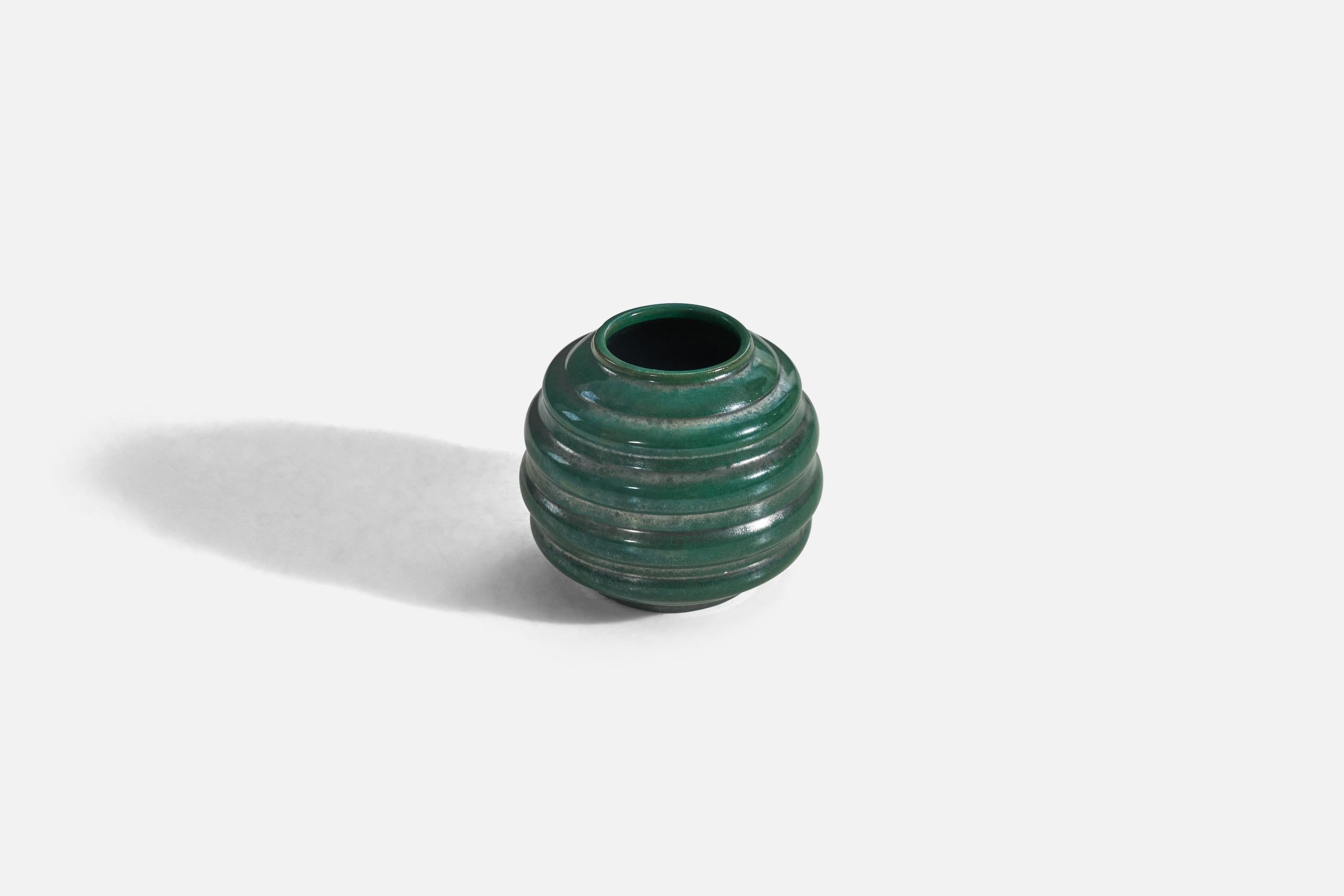 Upsala-Ekeby, Vase, Green-Glazed Earthenware, Sweden, 1940s In Good Condition For Sale In High Point, NC