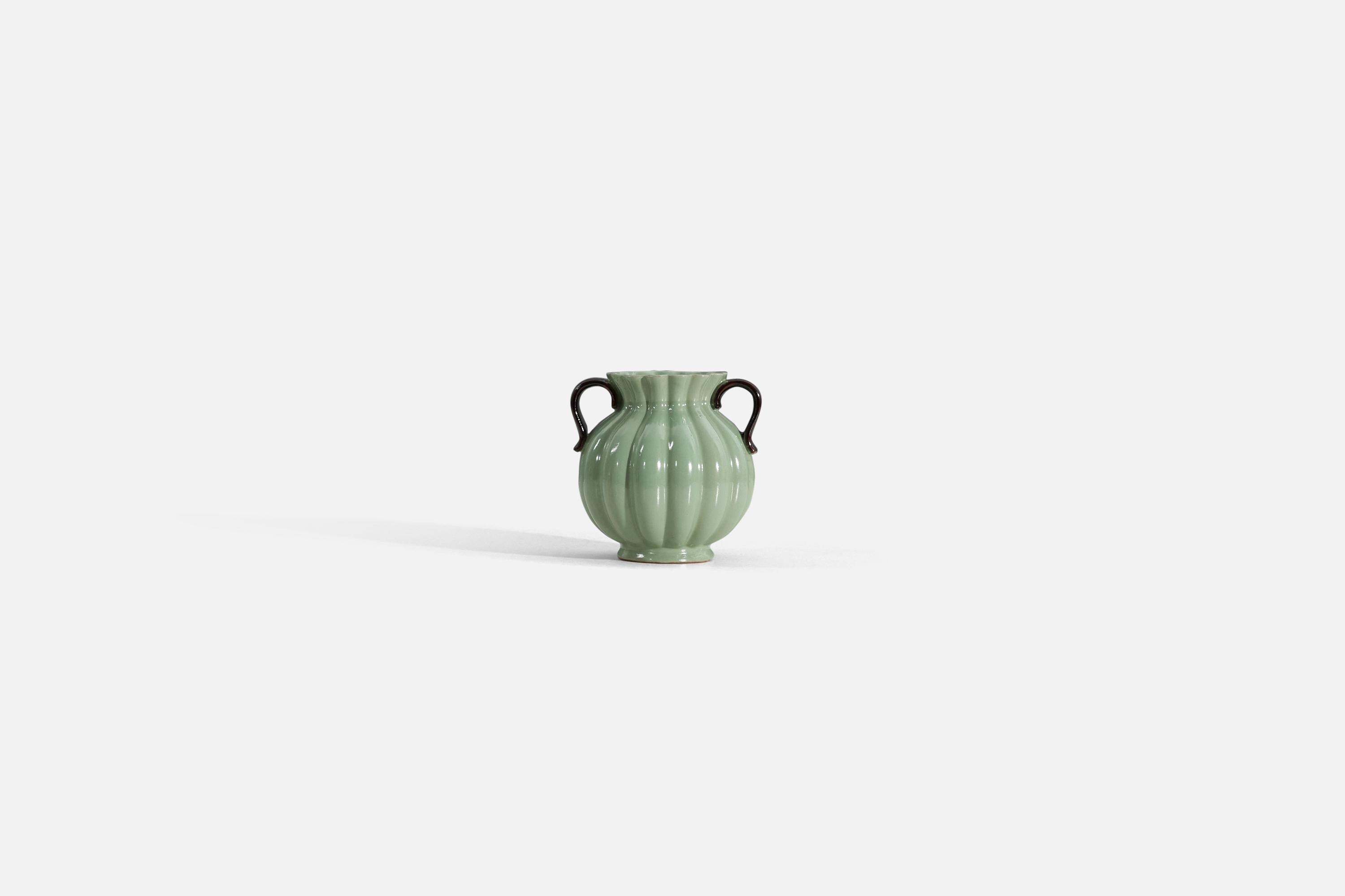 Mid-20th Century Upsala-Ekeby, Vase, Green-Glazed Earthenware, Sweden, 1940s For Sale