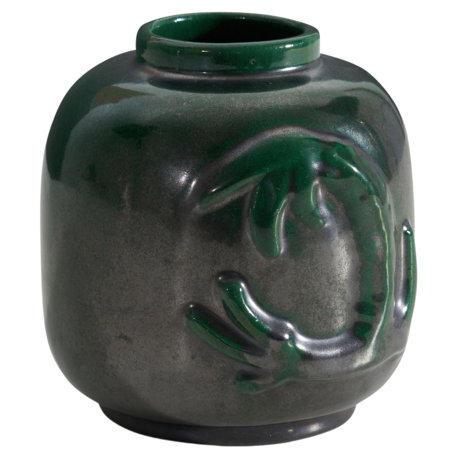 Upsala-Ekeby, Vase, Green-Glazed Earthenware, Sweden, 1940s For Sale