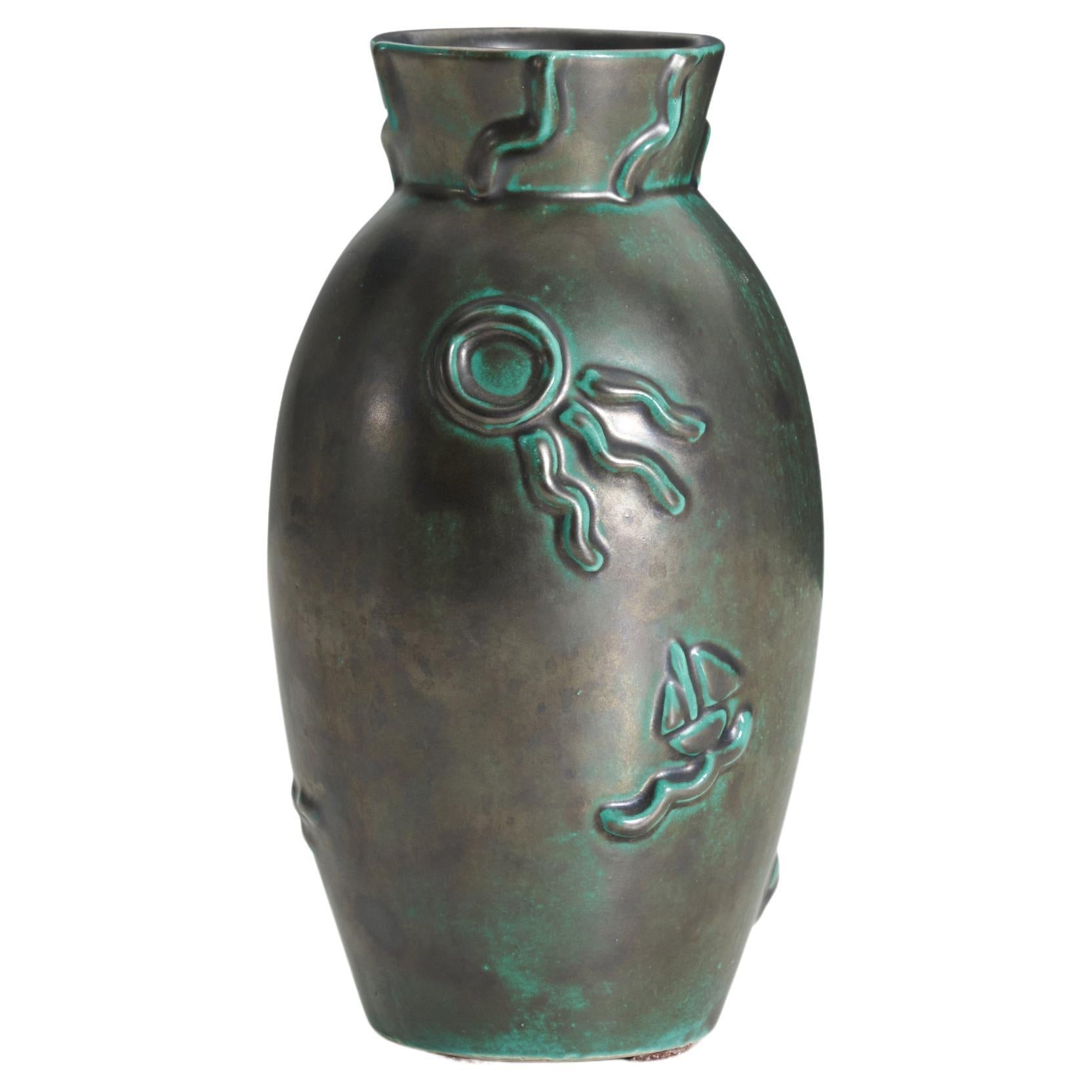 Upsala-Ekeby, Vase, Green-Glazed Earthenware, Sweden, 1940s For Sale