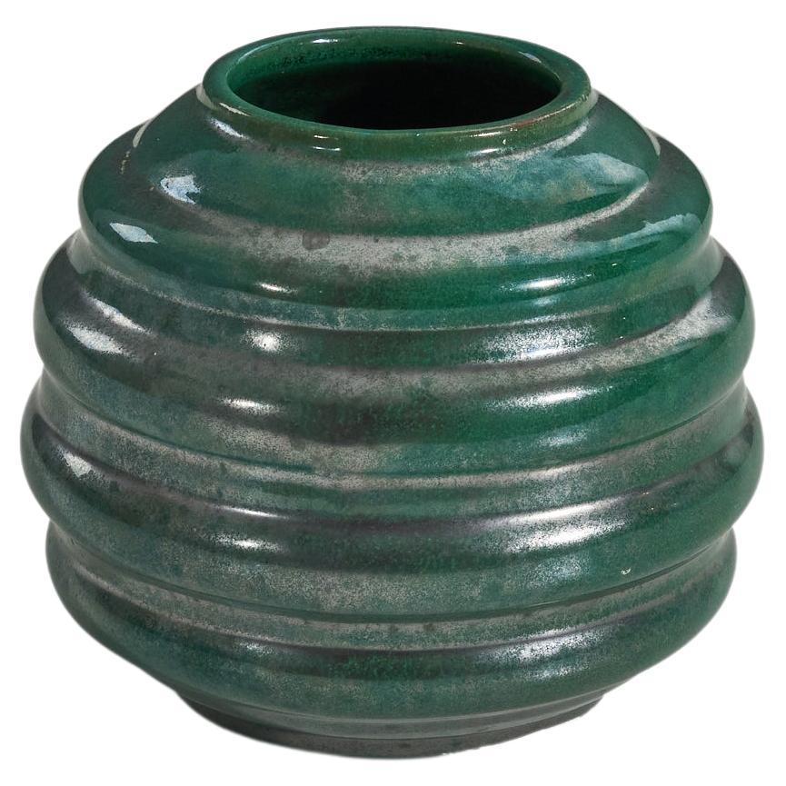 Upsala-Ekeby, Vase, Green-Glazed Earthenware, Sweden, 1940s For Sale