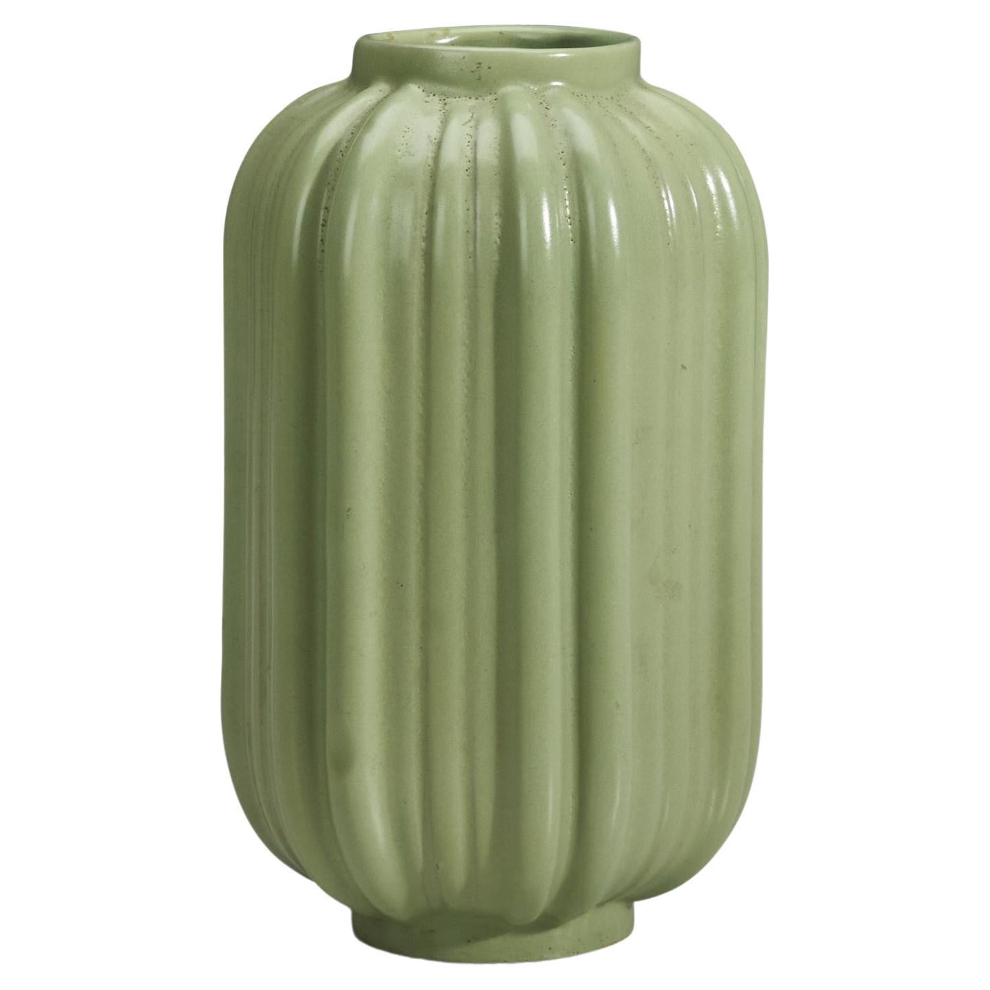 Upsala-Ekeby, Vase, Green Glazed Earthenware, Sweden, 1940s For Sale