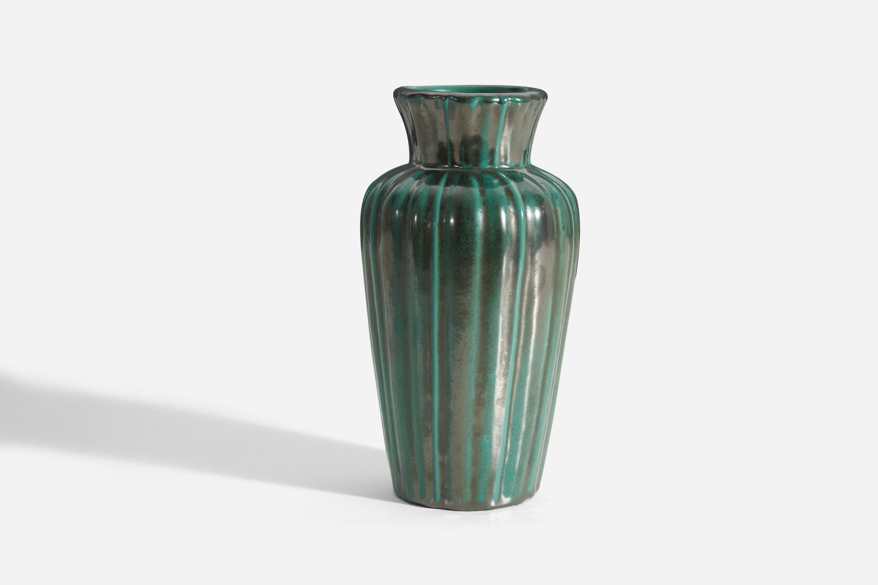 A green glazed earthenware vase produced by Upsala-Ekeby, Sweden, 1940s. 

 