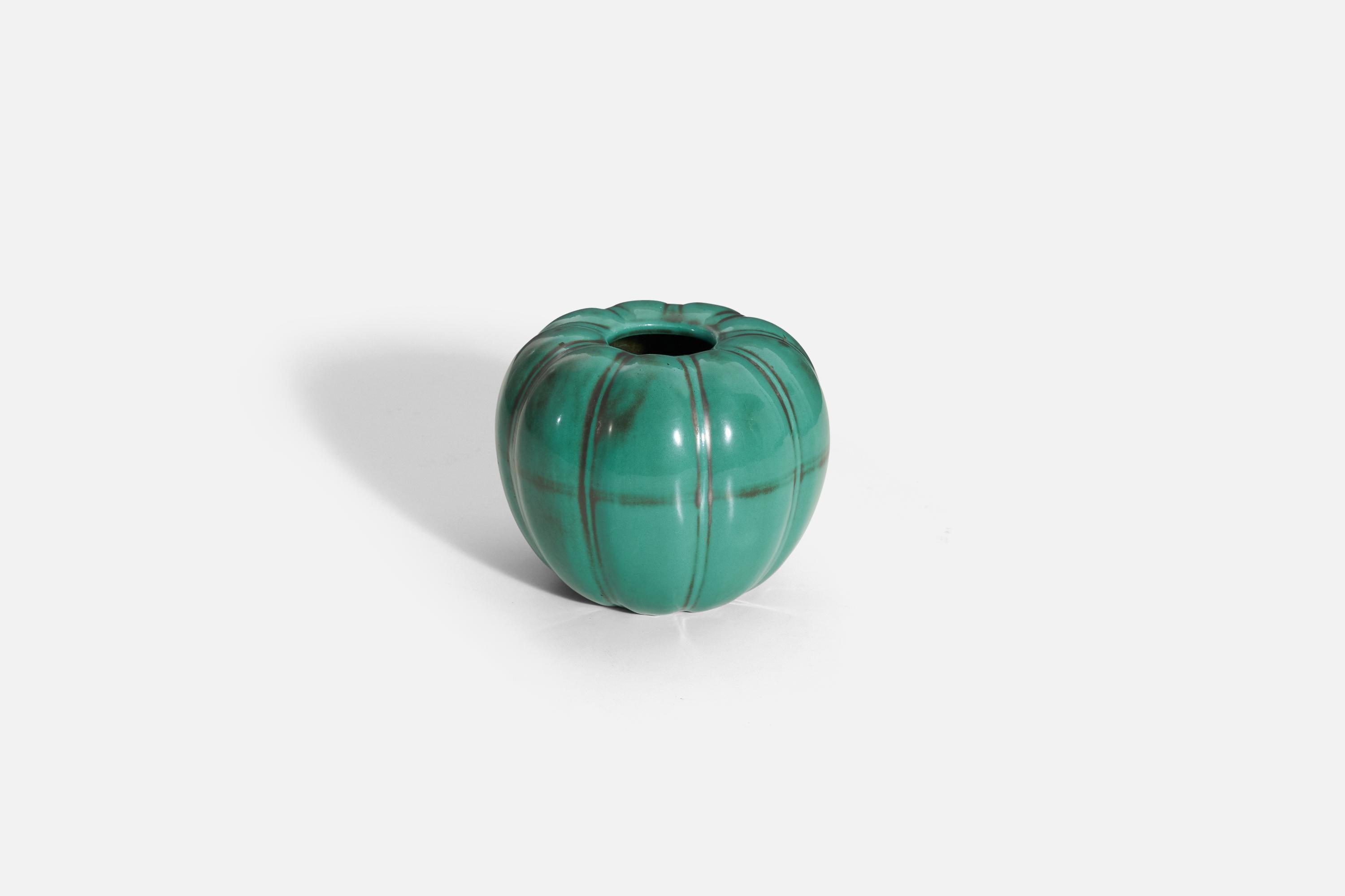 A green-glazed earthenware vase, produced by Upsala-Ekeby, Sweden, 1940s.
 