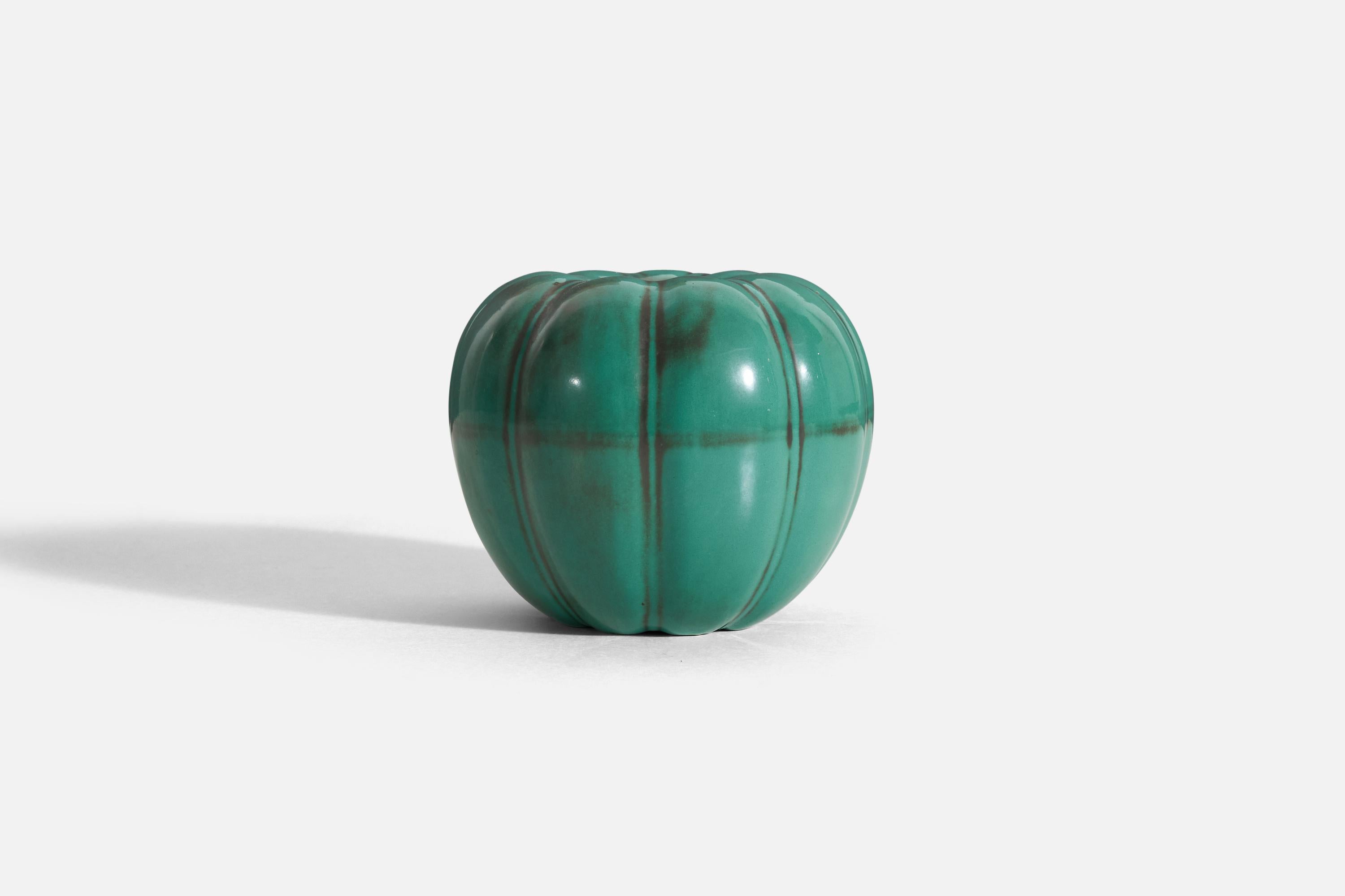 Art Deco Upsala-Ekeby, Vase, Green-Glazed Incised Earthenware, Sweden, 1940s For Sale