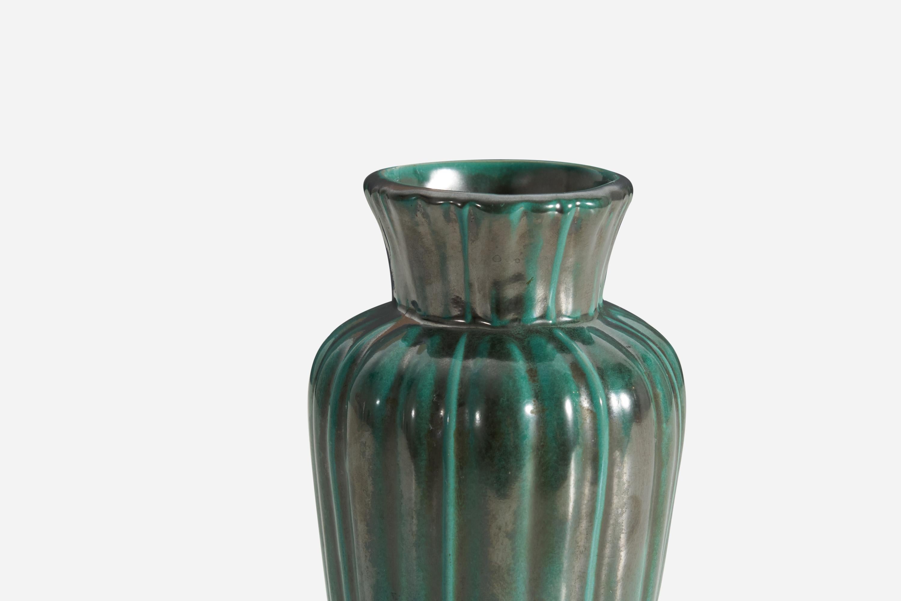 Swedish Upsala-Ekeby, Vase, Green-Glazed Incised Earthenware, Sweden, 1940s For Sale