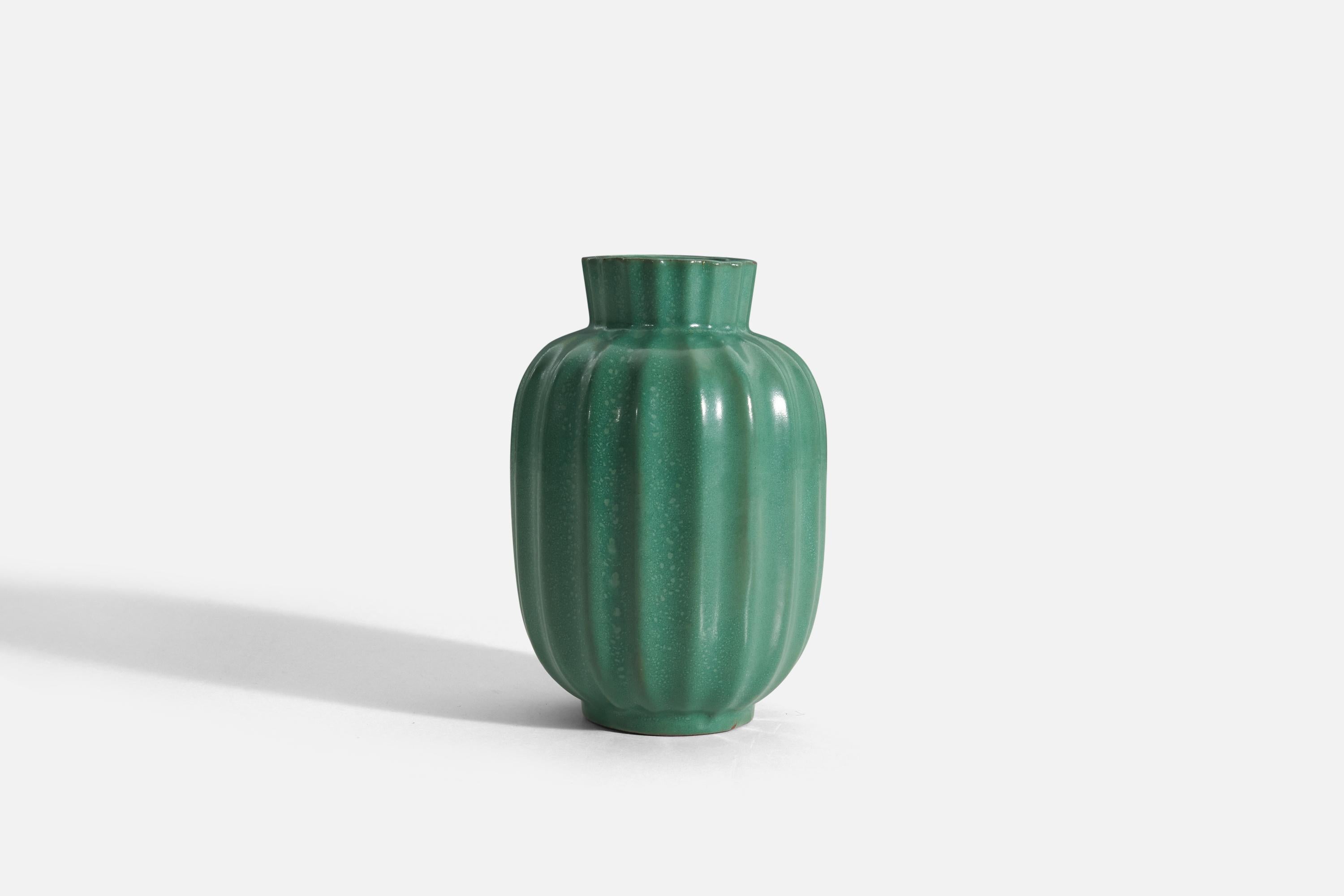 Art Deco Upsala-Ekeby, Vase, Green-Glazed Incised Earthenware, Sweden, 1940s For Sale