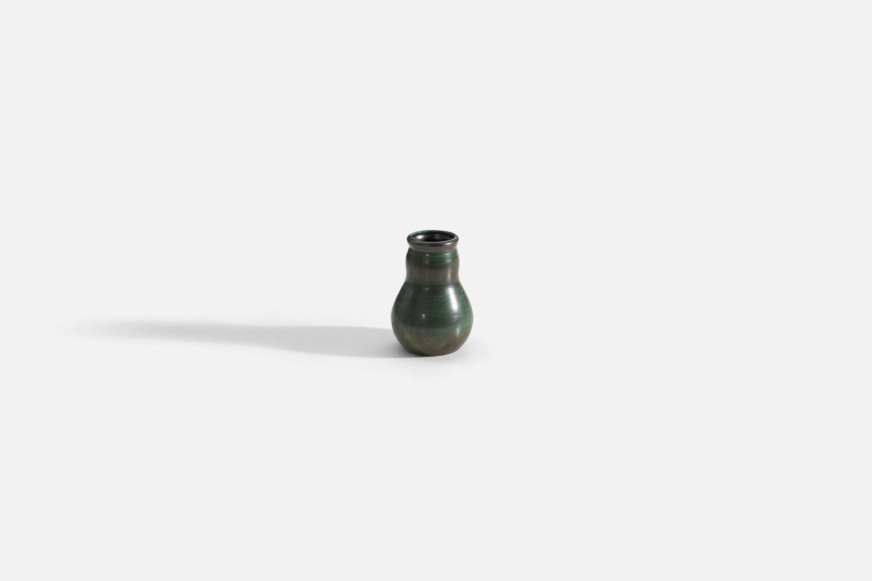 Swedish Upsala-Ekeby, Vase, Green-Glazed Incised Earthenware, Sweden, 1940s For Sale