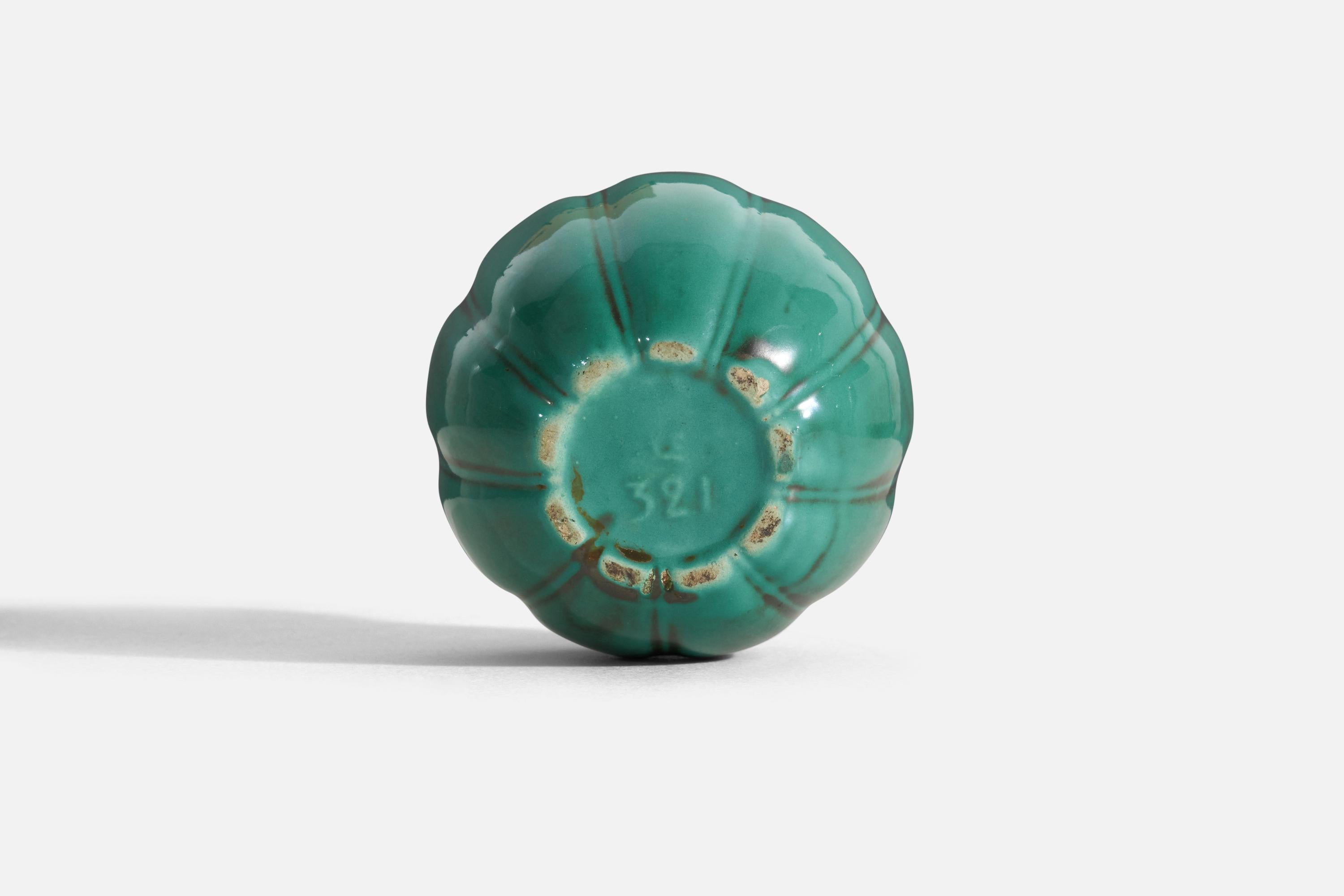 Mid-20th Century Upsala-Ekeby, Vase, Green-Glazed Incised Earthenware, Sweden, 1940s For Sale