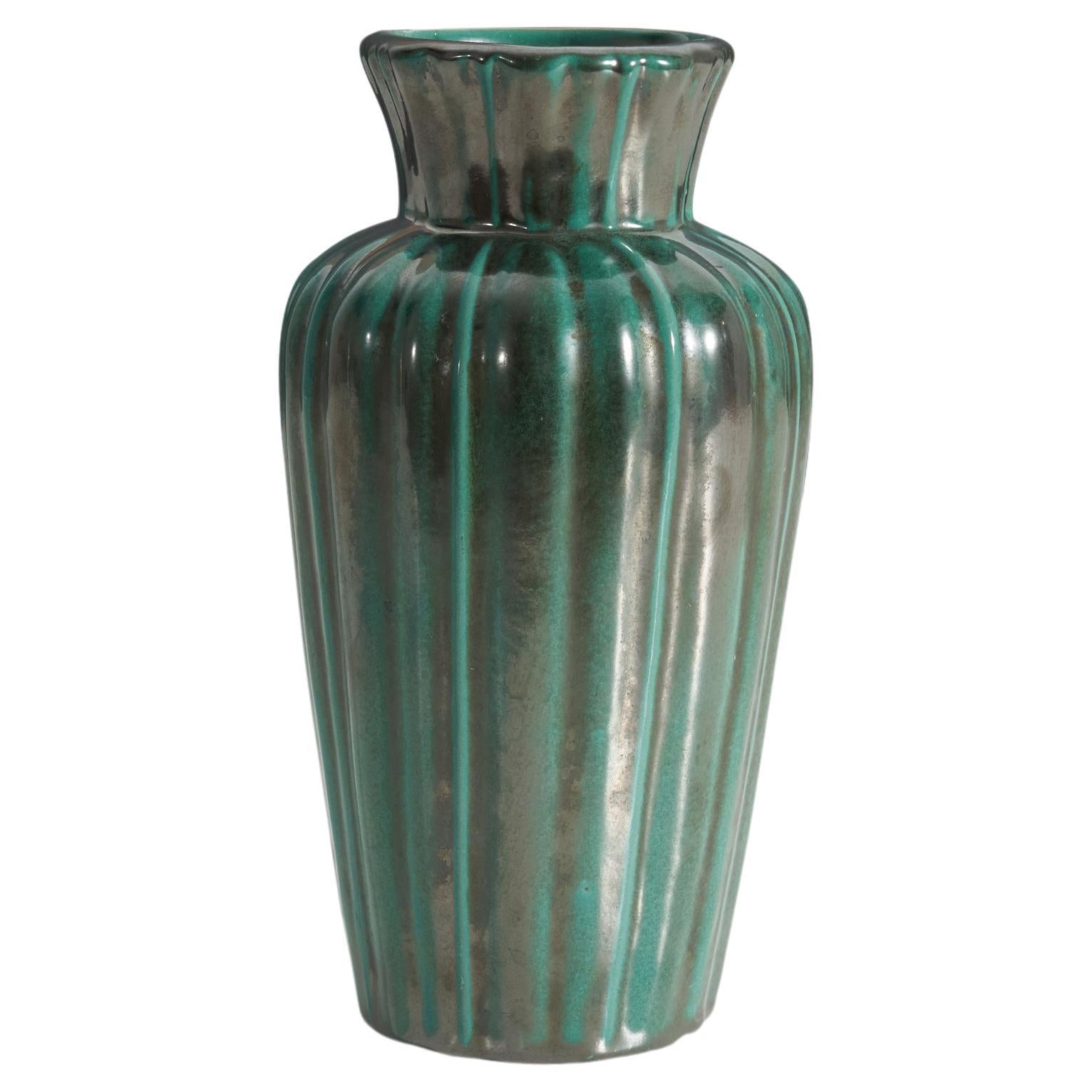 Upsala-Ekeby, Vase, Green-Glazed Incised Earthenware, Sweden, 1940s For Sale