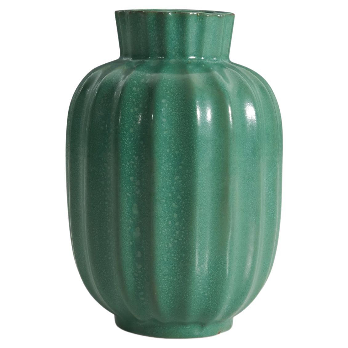 Upsala-Ekeby, Vase, Green-Glazed Incised Earthenware, Sweden, 1940s For Sale