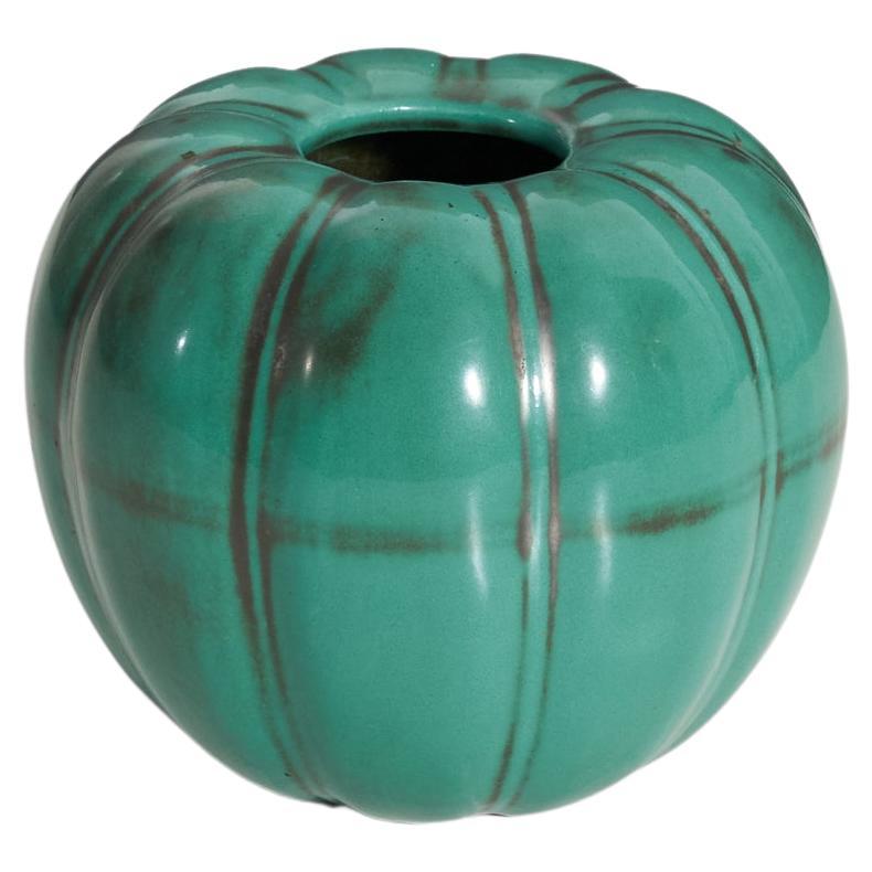 Upsala-Ekeby, Vase, Green-Glazed Incised Earthenware, Sweden, 1940s For Sale