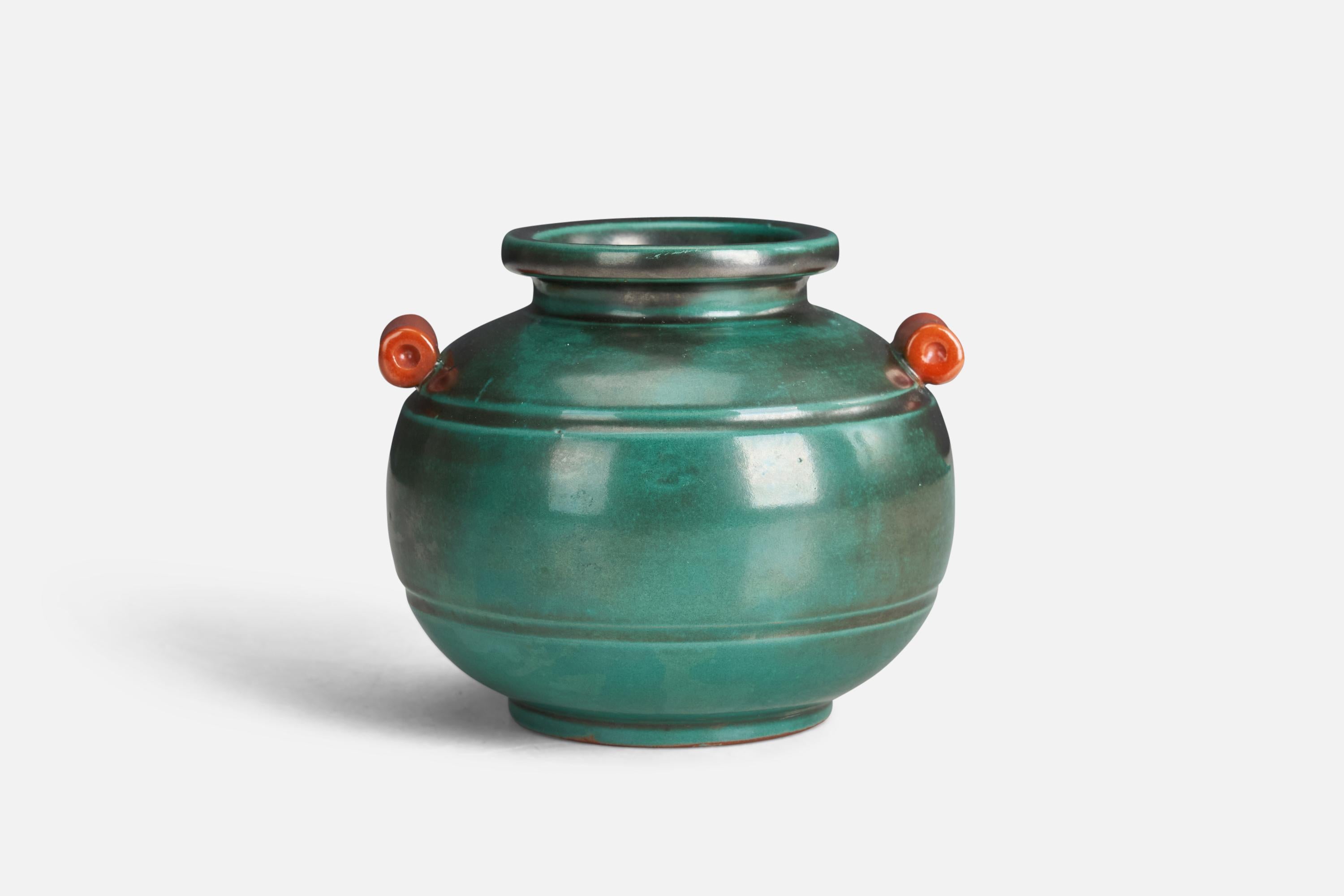 A green and orange-glazed earthenware vase designed and produced by Upsala Ekeby, Sweden, 1940s.