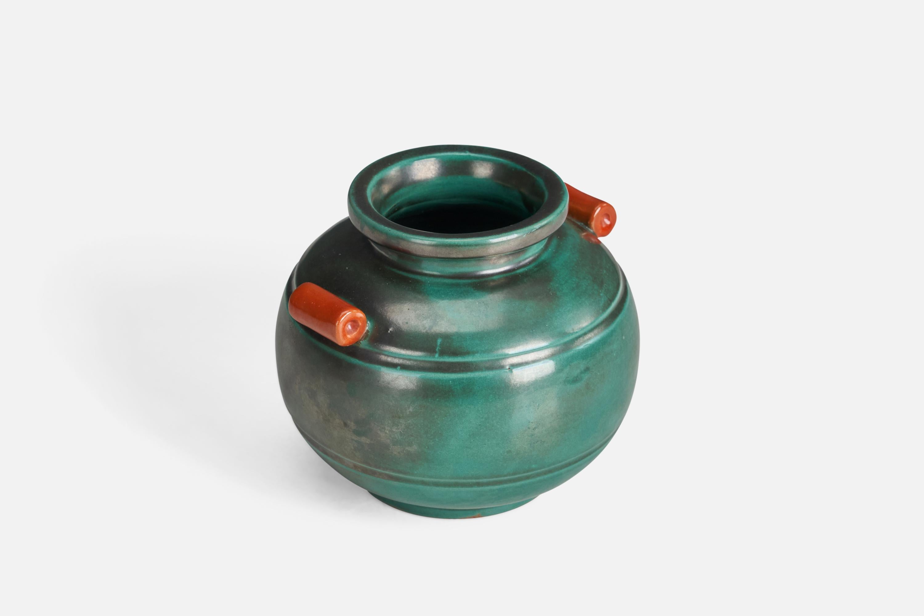 Mid-Century Modern Upsala Ekeby, Vase, Green Orange-Glazed Earthenware Sweden, 1940s For Sale