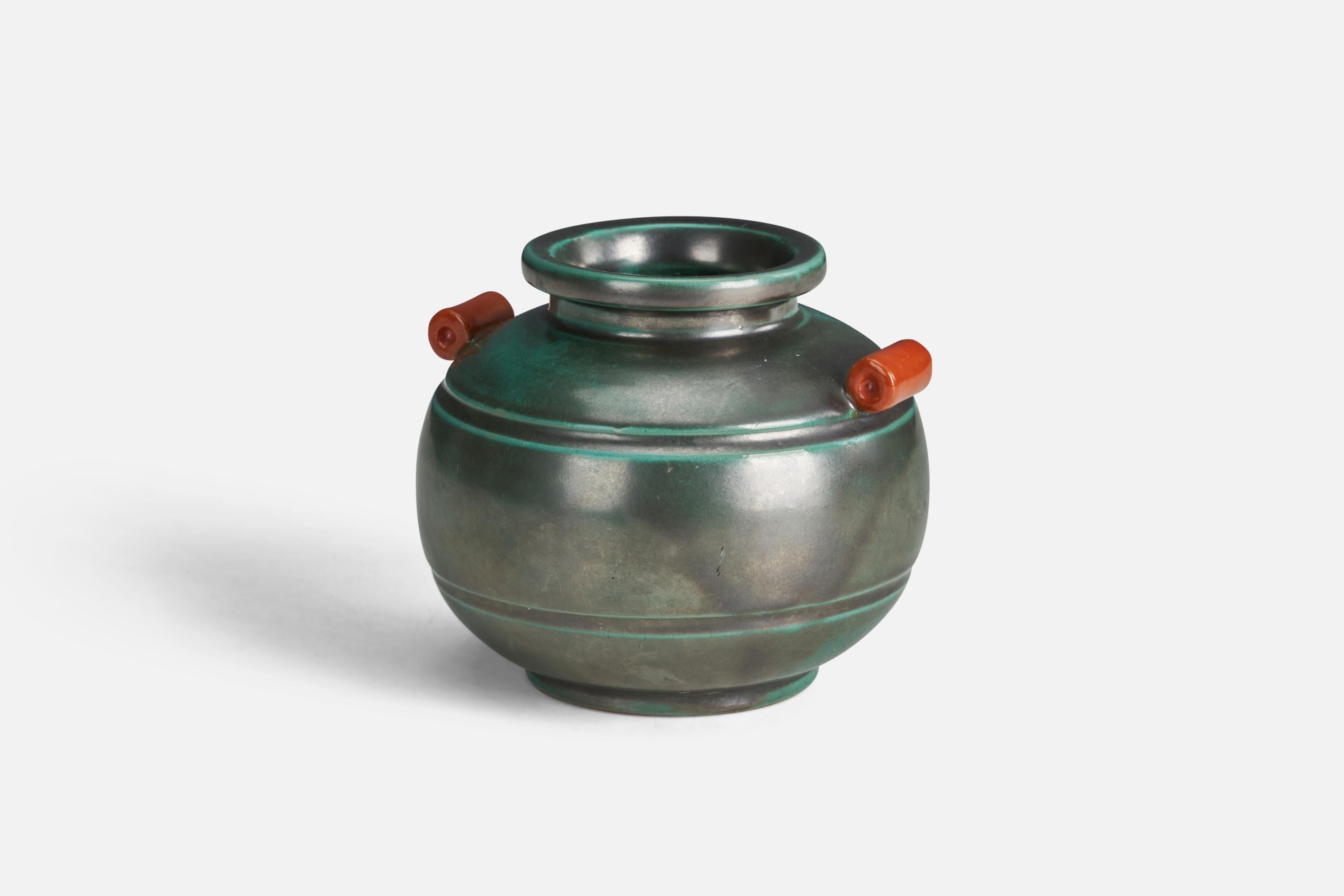 Swedish Upsala Ekeby, Vase, Green Orange-Glazed Earthenware Sweden, 1940s For Sale