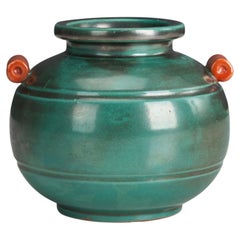 Upsala Ekeby, Vase, grünes, orangefarbenes, glasiertes Steingut Schweden, 1940er Jahre