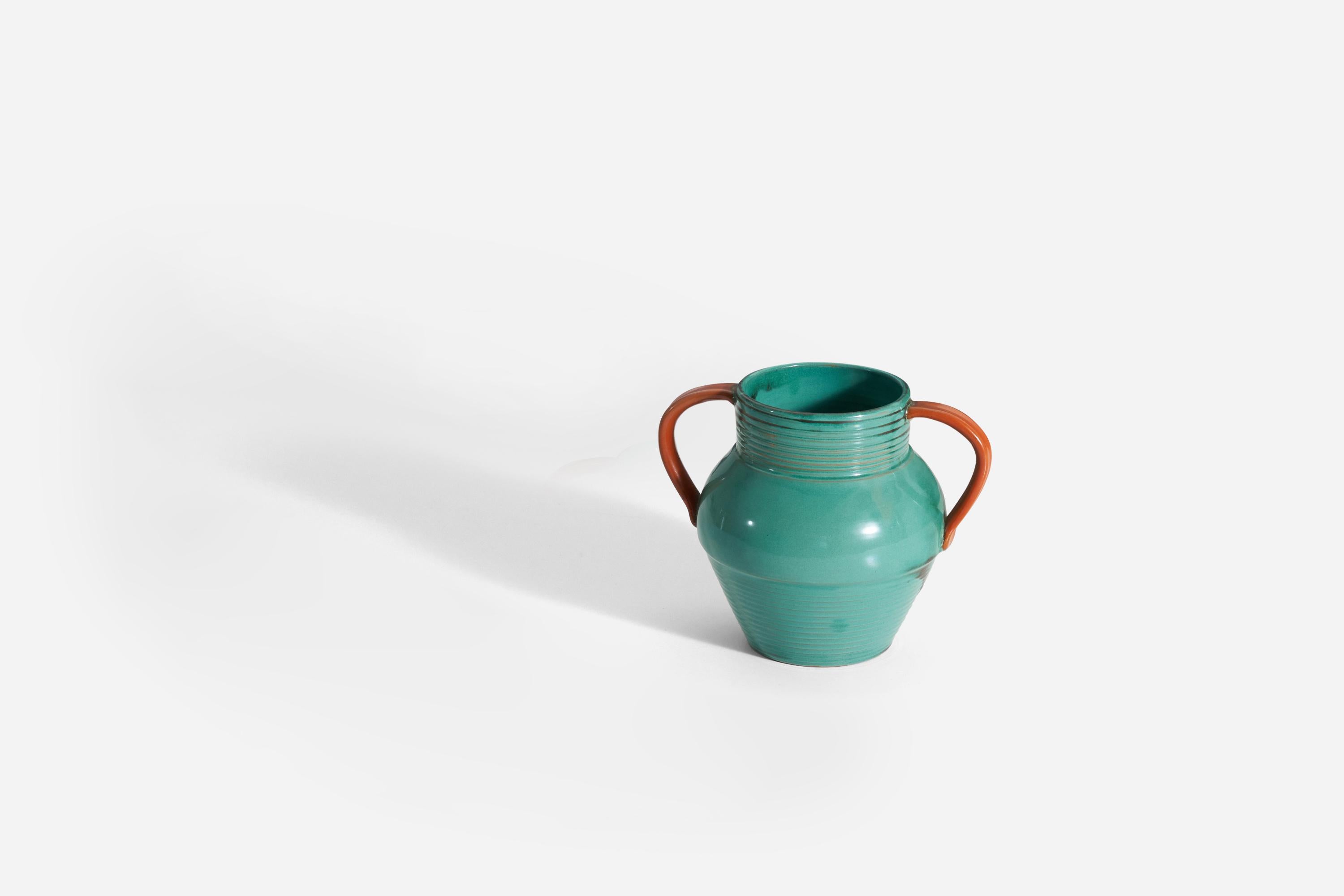 Art Deco Upsala-Ekeby, Vase, Green Orange Glazed Incised Earthenware, Sweden, 1940s For Sale