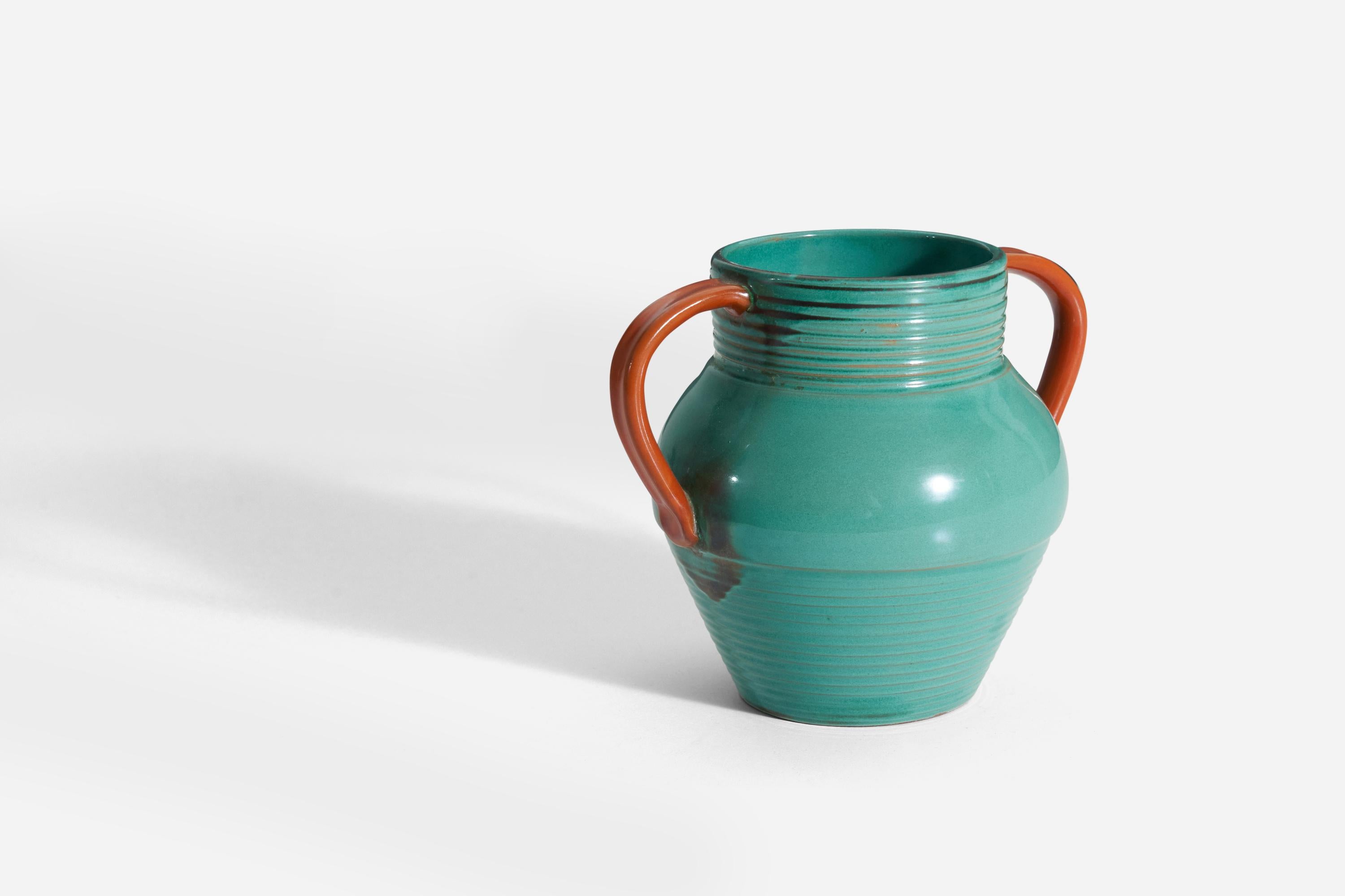 Swedish Upsala-Ekeby, Vase, Green Orange Glazed Incised Earthenware, Sweden, 1940s For Sale