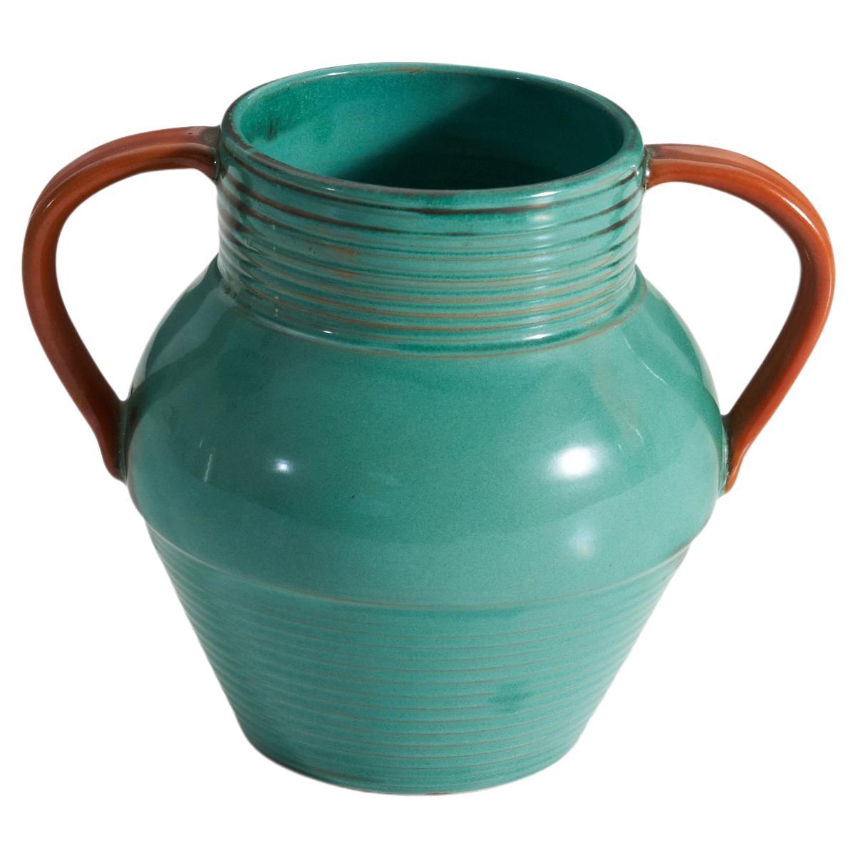 Upsala-Ekeby, Vase, Green Orange Glazed Incised Earthenware, Sweden, 1940s For Sale