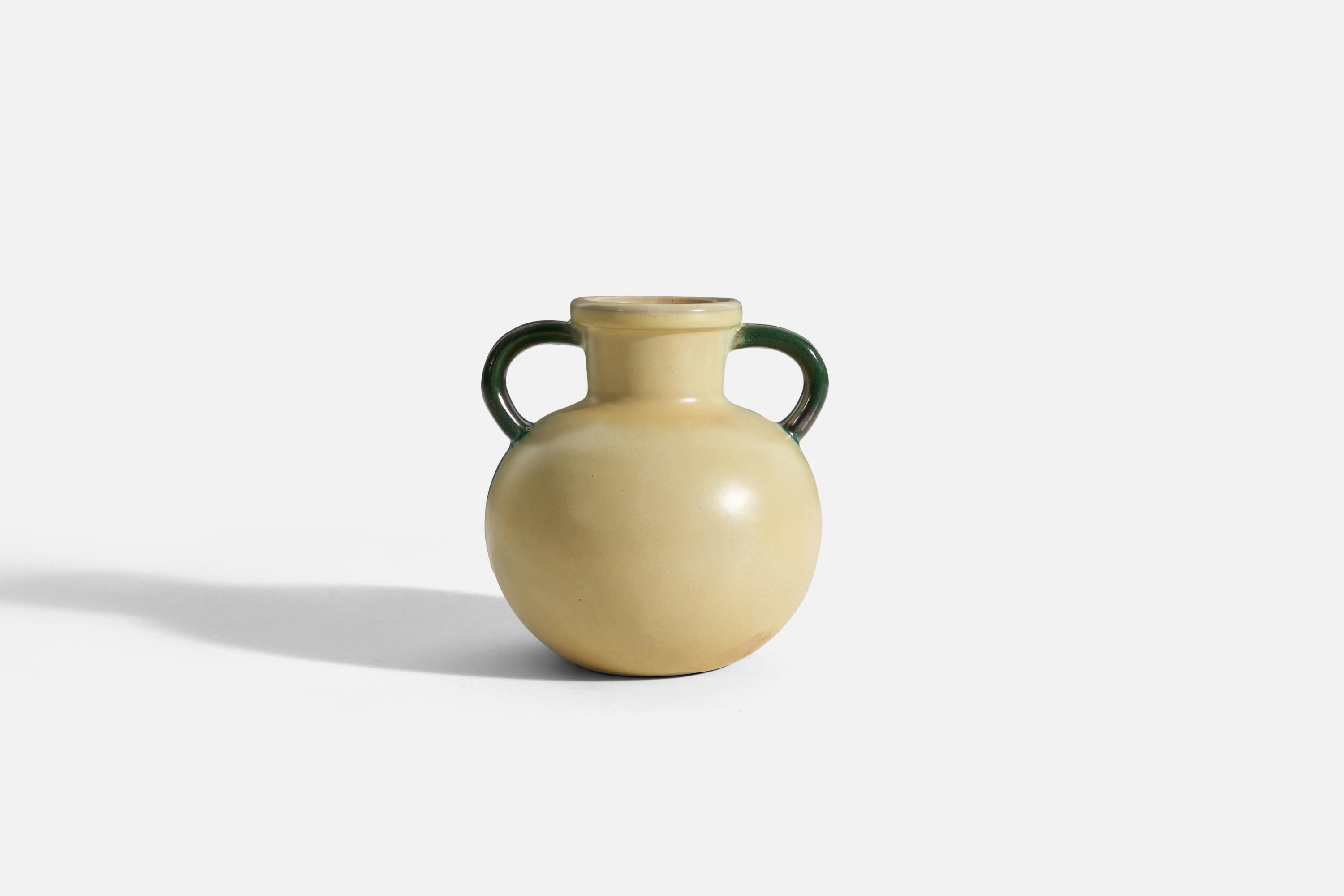 Art Deco Upsala-Ekeby, Vase, Green, Yellow / Cream-Glazed Earthenware, Sweden, 1940s For Sale