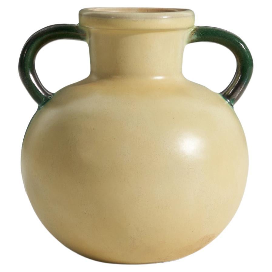 Upsala-Ekeby, Vase, Green, Yellow / Cream-Glazed Earthenware, Sweden, 1940s For Sale
