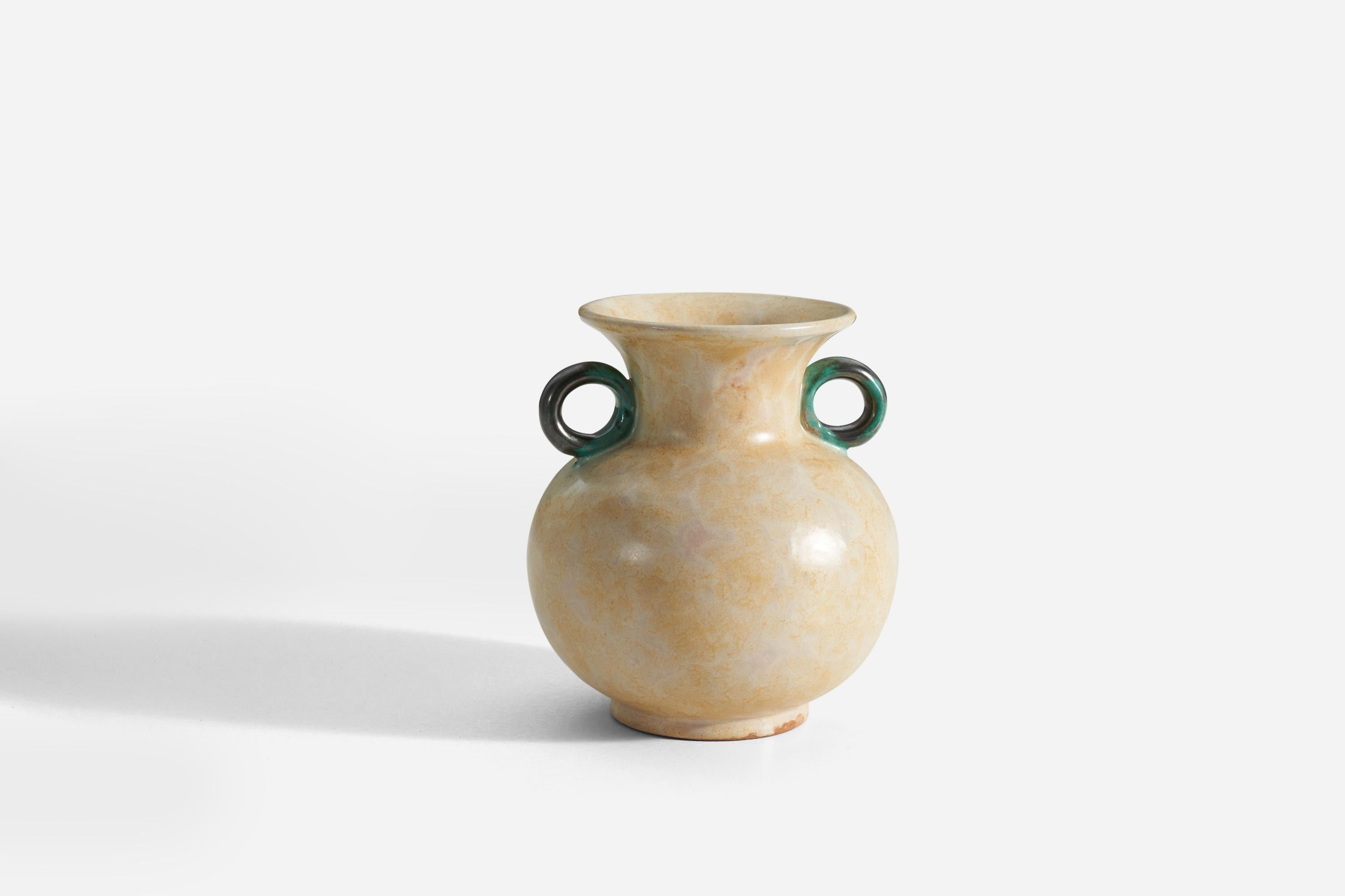 A yellow, cream, and green glazed earthenware vase produced by Upsala-Ekeby, Sweden, 1940s. 

