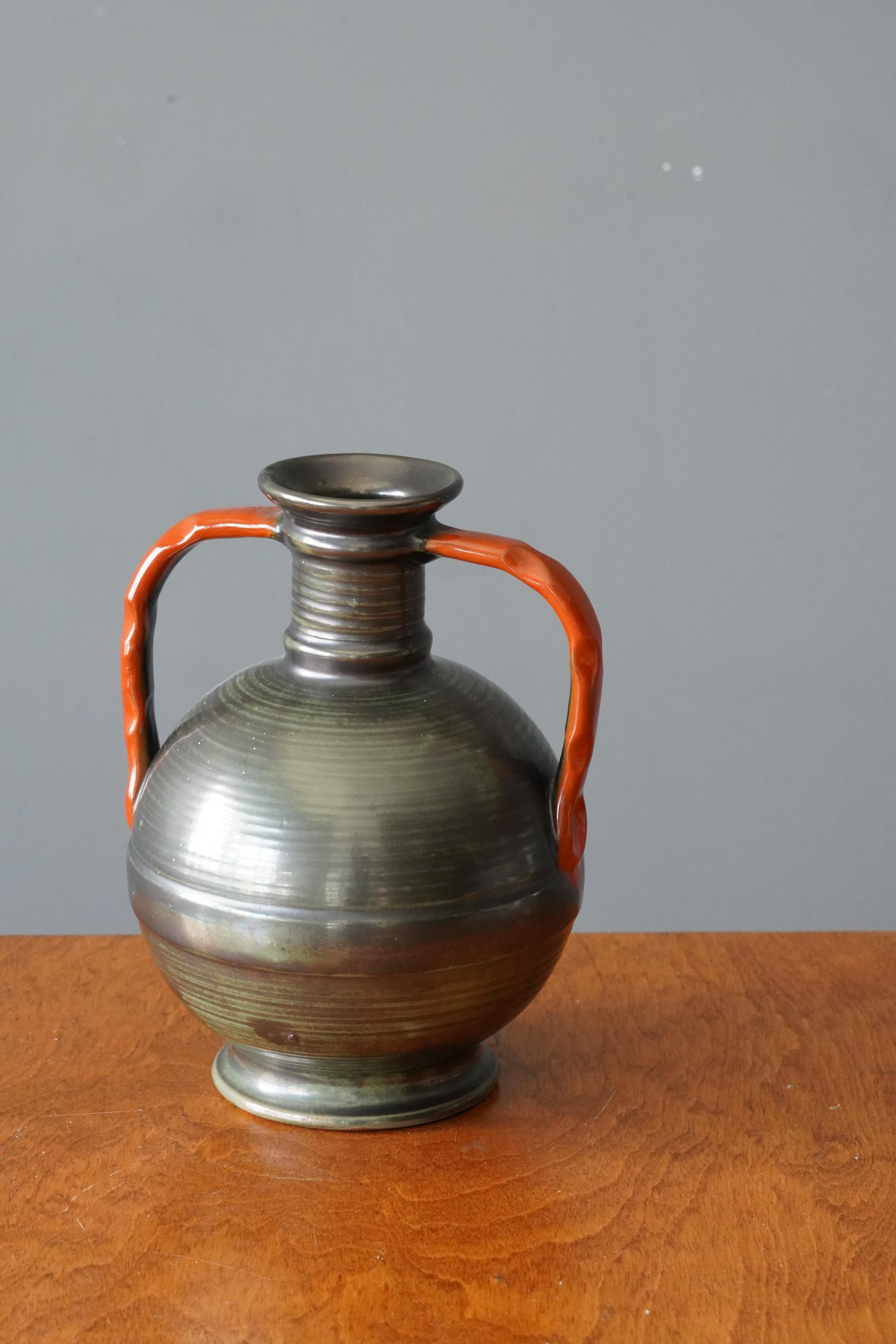 Art Deco Upsala-Ekeby, Vase, Grey Orange Glazed Incised Earthenware, Sweden, 1940s