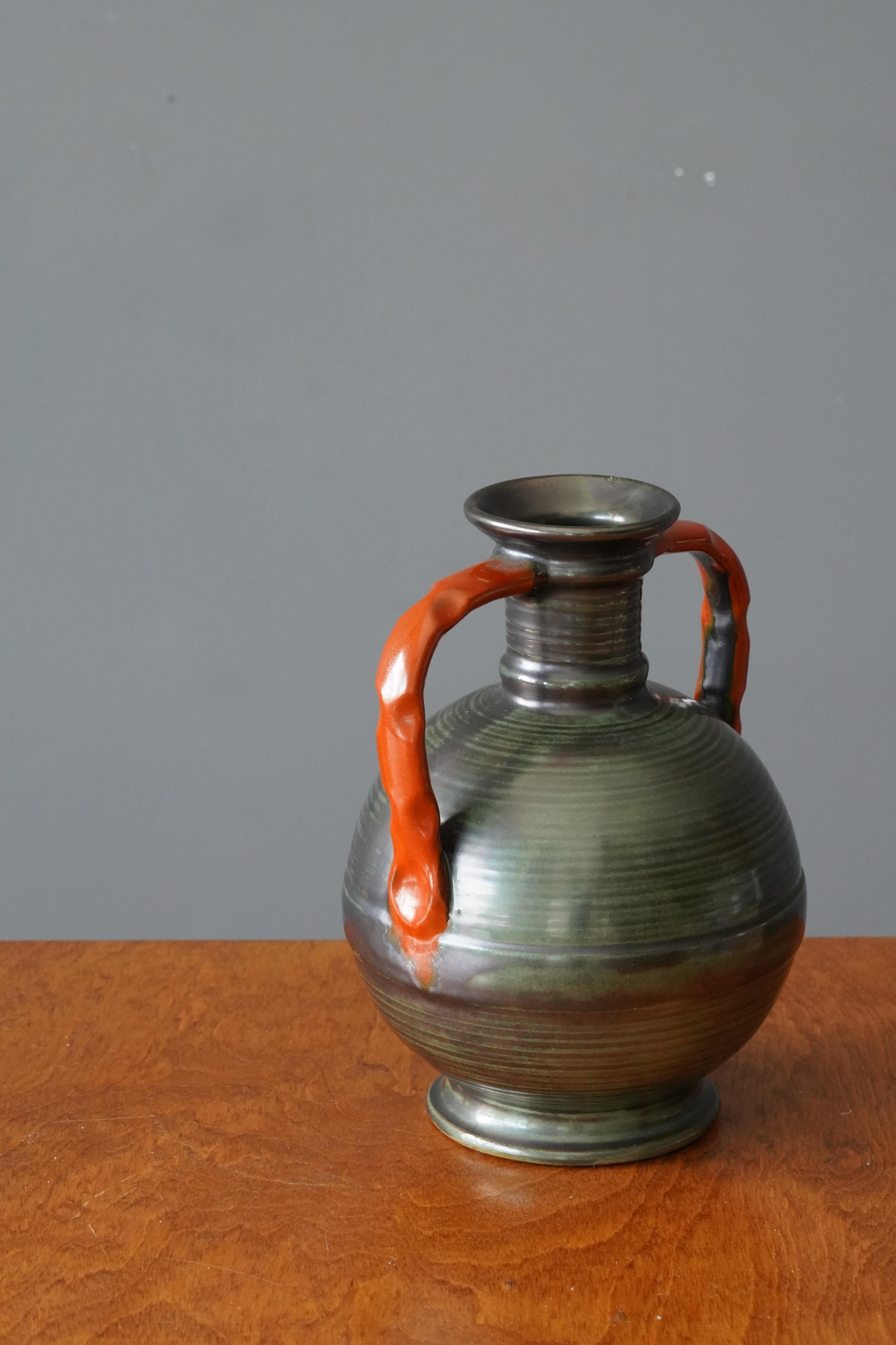 Swedish Upsala-Ekeby, Vase, Grey Orange Glazed Incised Earthenware, Sweden, 1940s