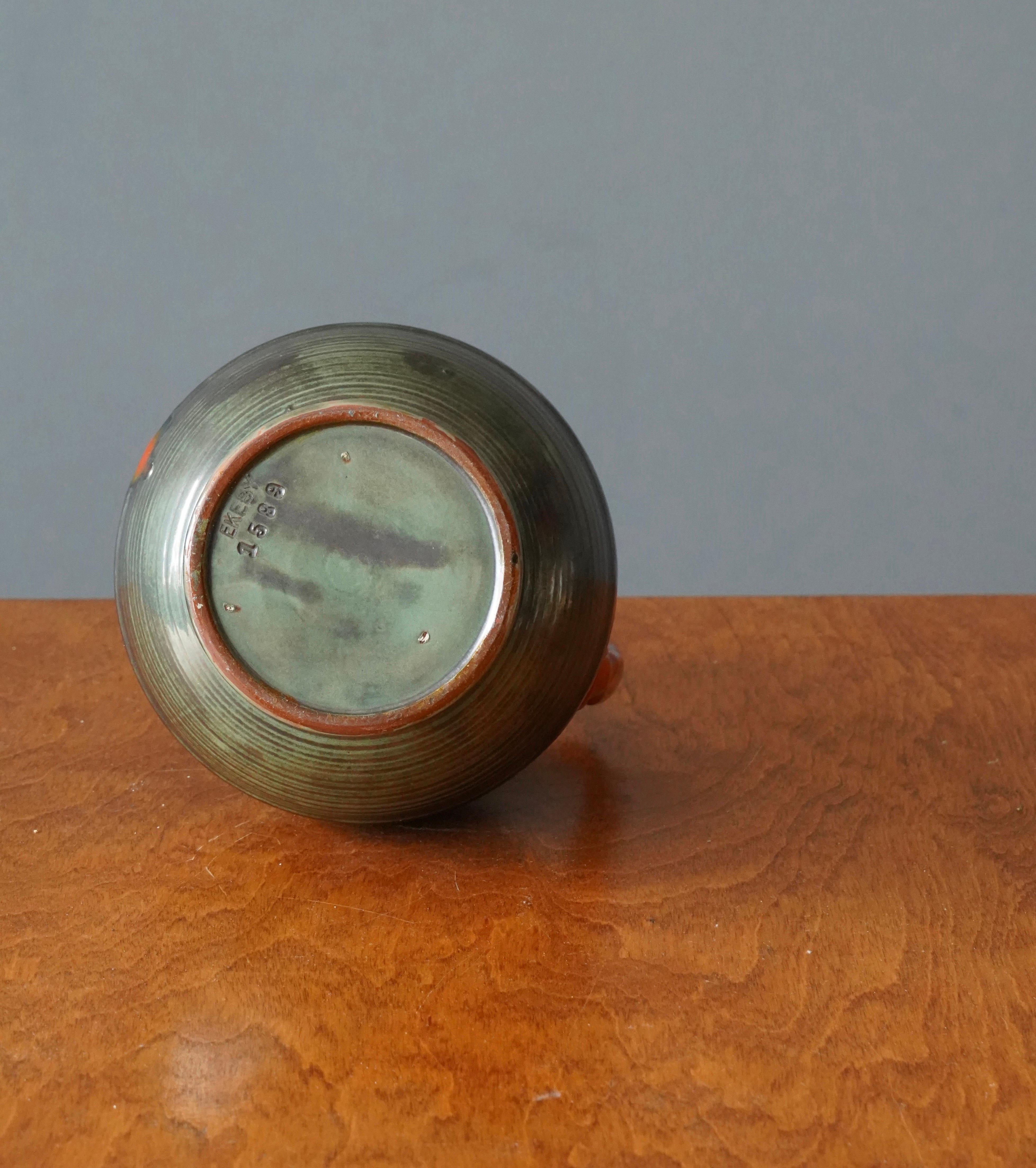 Upsala-Ekeby, Vase, Grey Orange Glazed Incised Earthenware, Sweden, 1940s In Good Condition In High Point, NC