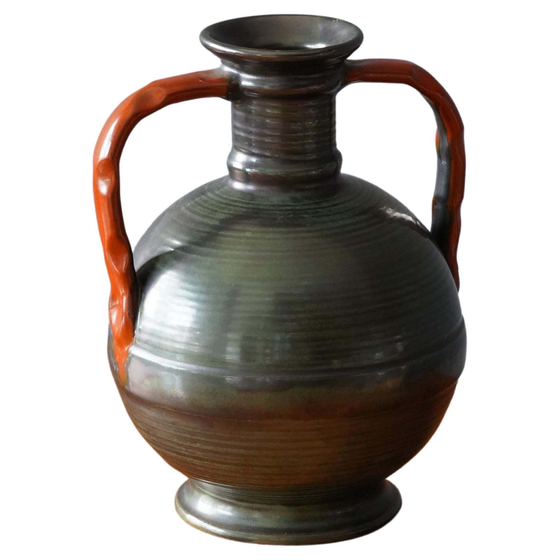 Upsala-Ekeby, Vase, Grey Orange Glazed Incised Earthenware, Sweden, 1940s