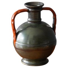 Upsala-Ekeby, Vase, Grey Orange Glazed Incised Earthenware, Sweden, 1940s