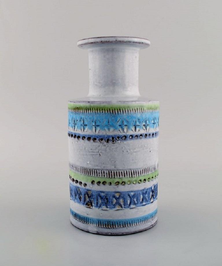 Bitossi vase in glazed ceramics. 
Beautiful glaze in light blue shades. Striped design. 
Mid-20th century.
Measures: 19.5 x 10 cm.
In excellent condition.